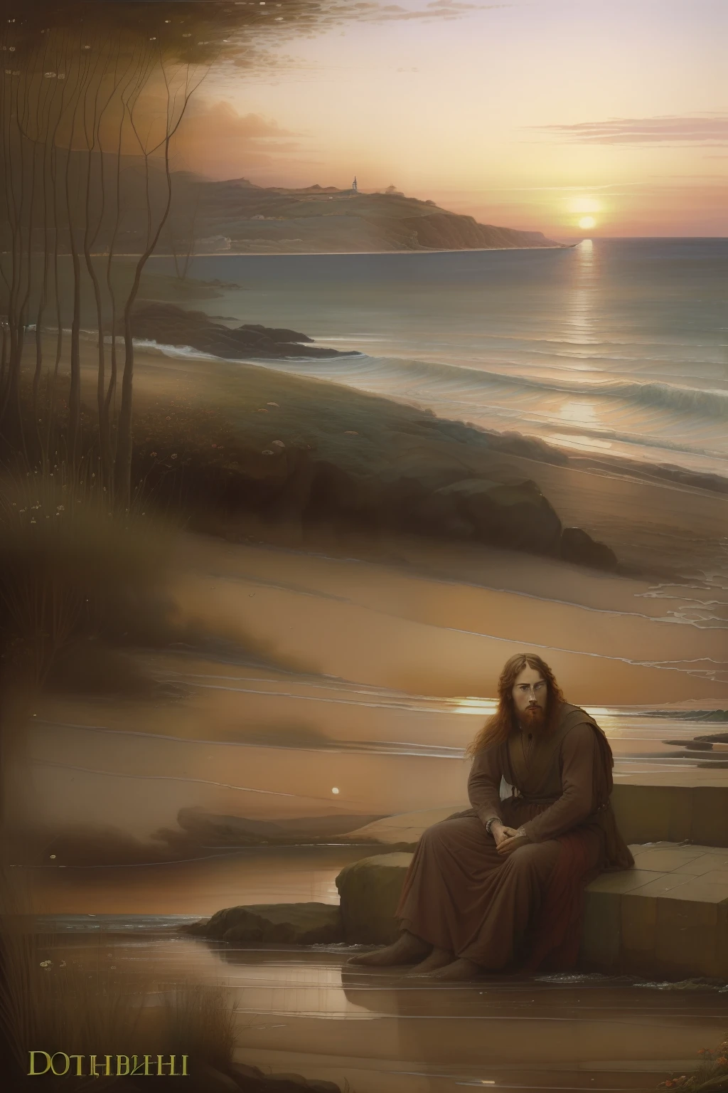 (((Pre-Raphaelite painting of a rustic man looking tired, See the sunset on the sad sea, doente, triste, cansado, olhar baixo, wistful)))