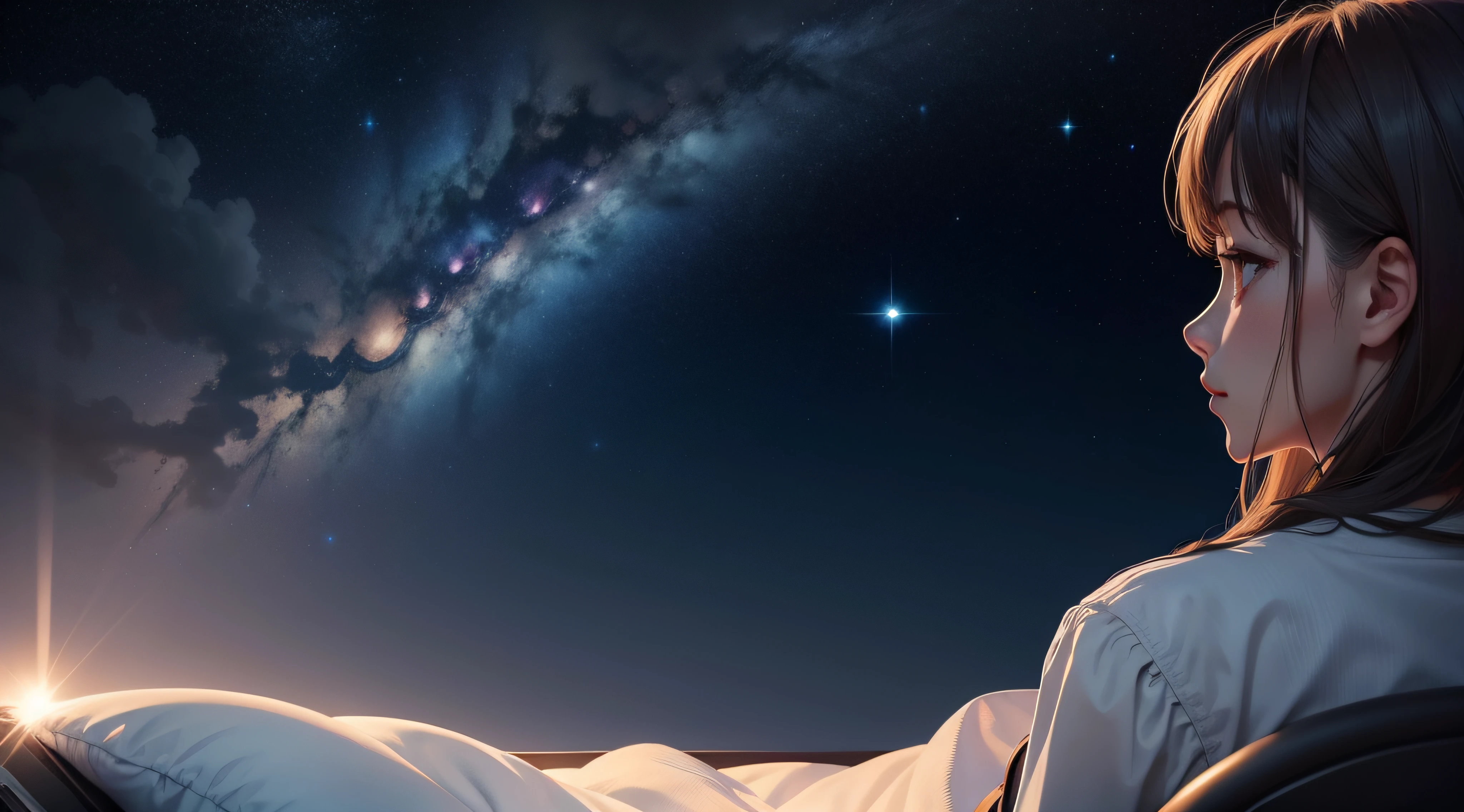 Two dimensions: Starry night sky, infinite cosmos in the background, cosmic skies. 8k, quiet night. A hospital room, Ultra quality 4K, ultra realistic scene, starry sky, starry sky environment in moonlight.