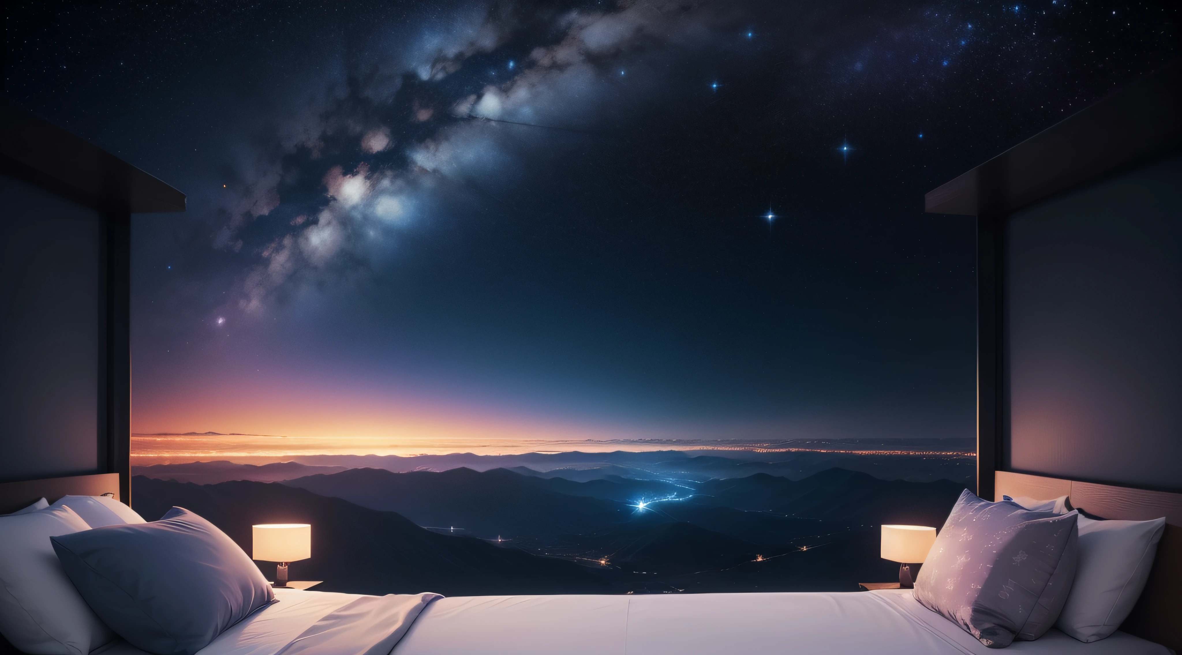 Two dimensions: Starry night sky, infinite cosmos in the background, cosmic skies. 8k, quiet night. A hospital room, Ultra quality 4K, ultra realistic scene, starry sky, starry sky environment in moonlight.