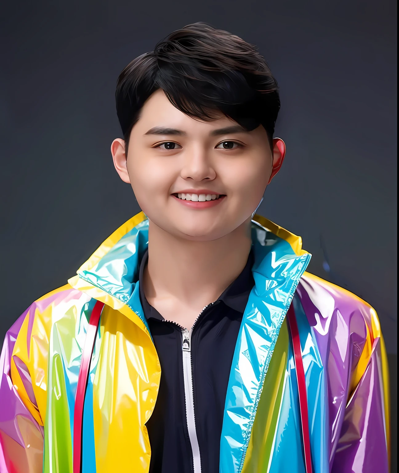 Chinese male high school student,Wear a colorful PVC short-sleeved raincoat,with hat