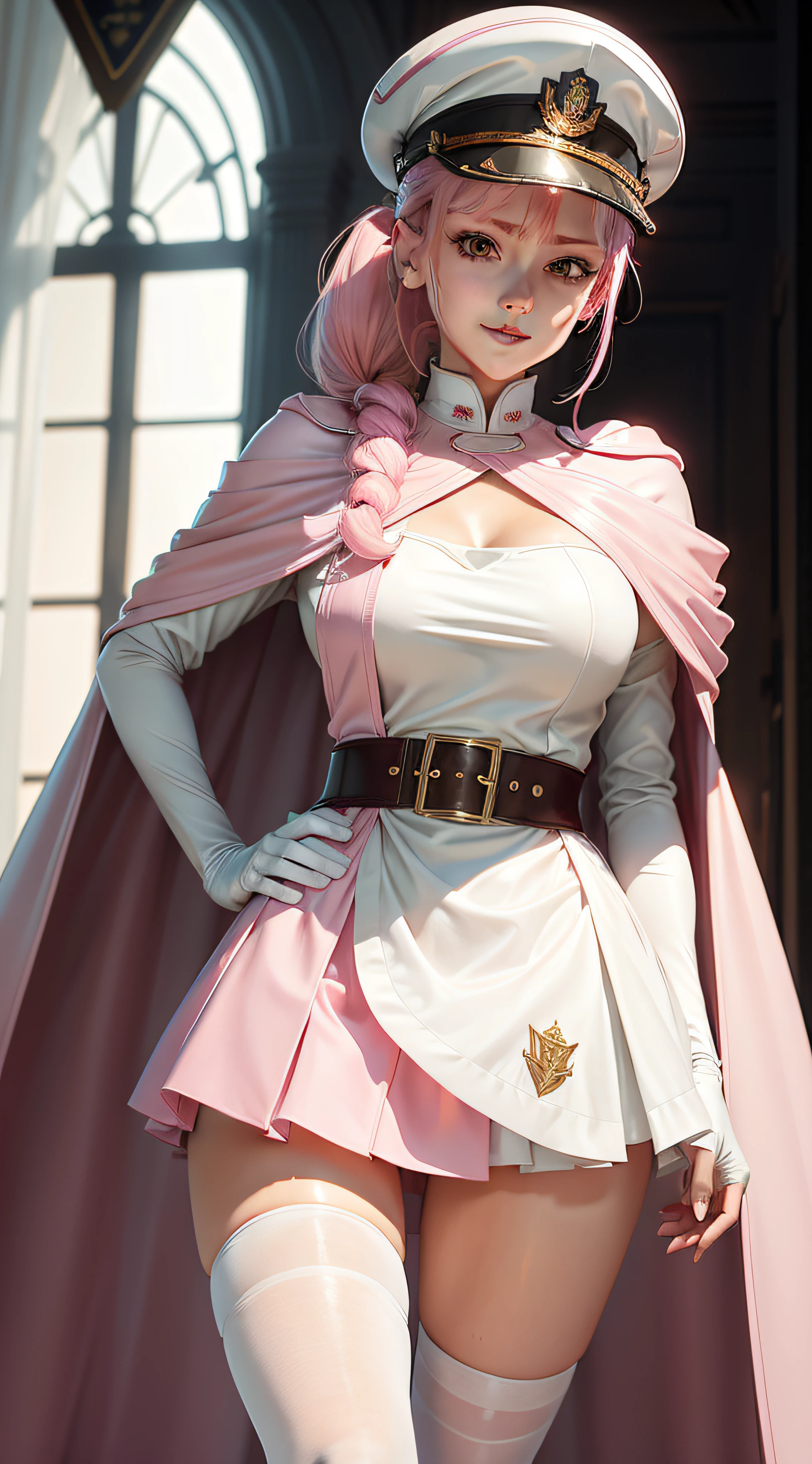 one-girl,Pink hair,High long ponytail,Year of the cardamom,Pink over-the-knee skirt,Translucent white stockings,Tsundere,White and tender,Wearing white gloves,plain face,Slim,little breast,World Masterpieces,Clear conditioning,Gao cold eyes,Reddish cheeks,having fun,HighestQuali,eyes highlights,Vivid,Erudition,8K,leathery,Slim,high light,shadowing,Wrap the chest,little mouth,Look happy,Pupil highlights,Female general,army suit,military hat,Pink cape,Bring binoculars,Carry a saber with you,Pink and white shirt