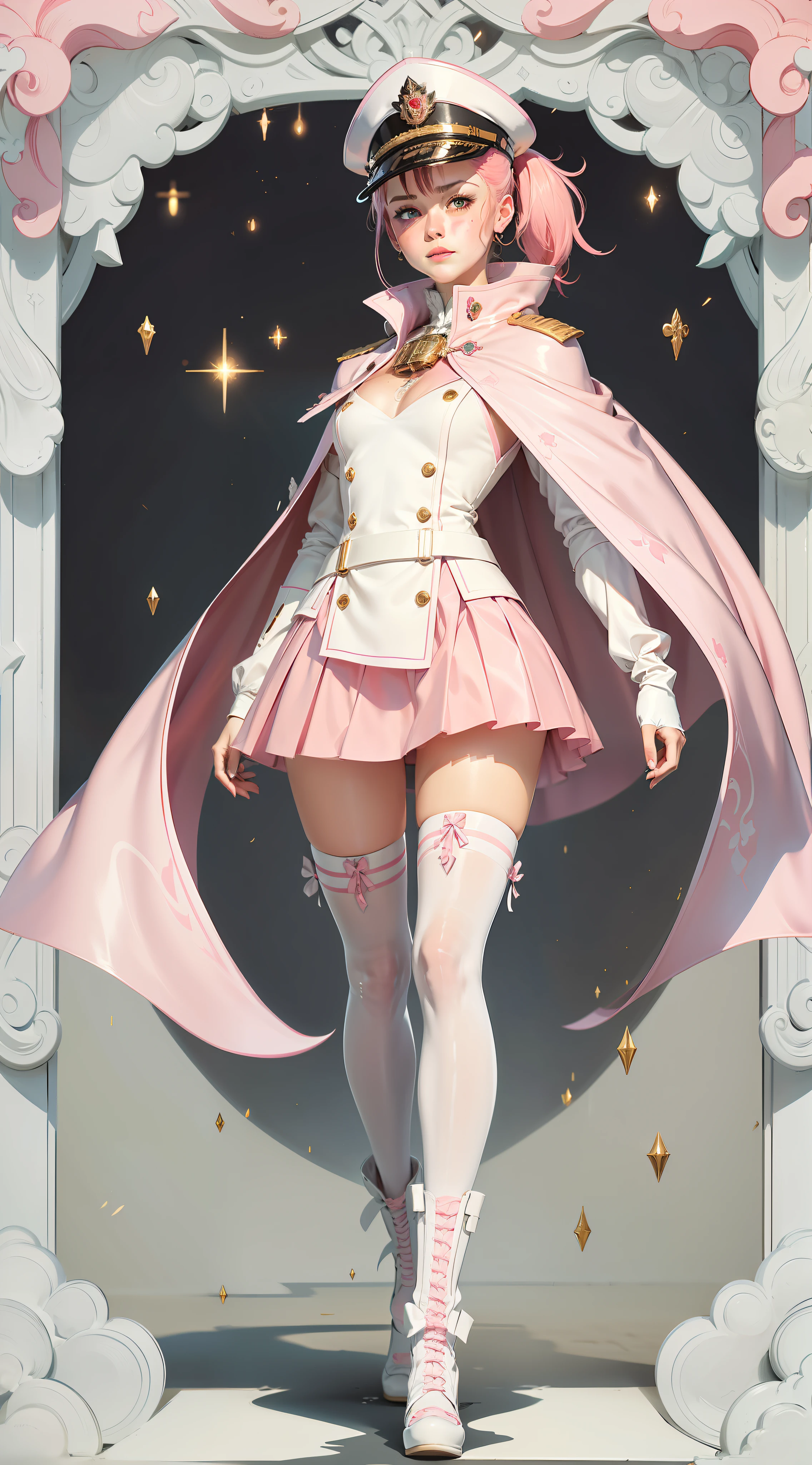 one-girl,Pink hair,High long ponytail,Year of the cardamom,Pink over-the-knee skirt,Translucent white stockings,Tsundere,White and tender,Wearing white gloves,plain face,Slim,little breast,World Masterpieces,Clear conditioning,Gao cold eyes,Reddish cheeks,having fun,HighestQuali,eyes highlights,Vivid,Erudition,8K,leathery,Slim,high light,shadowing,Wrap the chest,little mouth,Look happy,Pupil highlights,Female general,army suit,military hat,Pink cape,Bring binoculars,Carry a saber with you,Pink and white shirt,The texture is clear