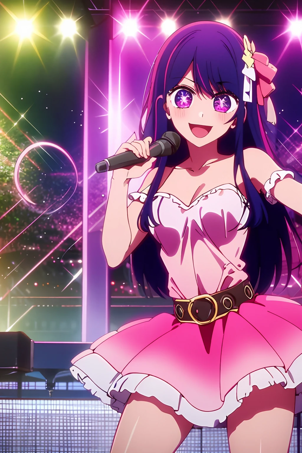 masterpiece、ighly detailed、(1 girl in:1.2)、purple color hair、pink dress、big eye、a closeup、A smile、8、Ai Hoshino、Live performance venue、dance、idol