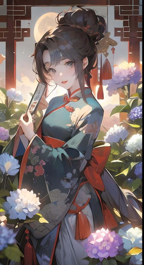 Masterpiece, Superb Product, Night, Full Moon, 1 Woman, Mature Woman, Chinese Style, Antique Chinese, Sister, Royal Sister, Smile, Brunette Hair, Updo, Red Lips, Calm, Intellectual, Hairpin, Hair Flower, Detailed Facial Details, Detailed Eyes, Full Body, Gray Eyes, Long Hair, Hydrangeas
