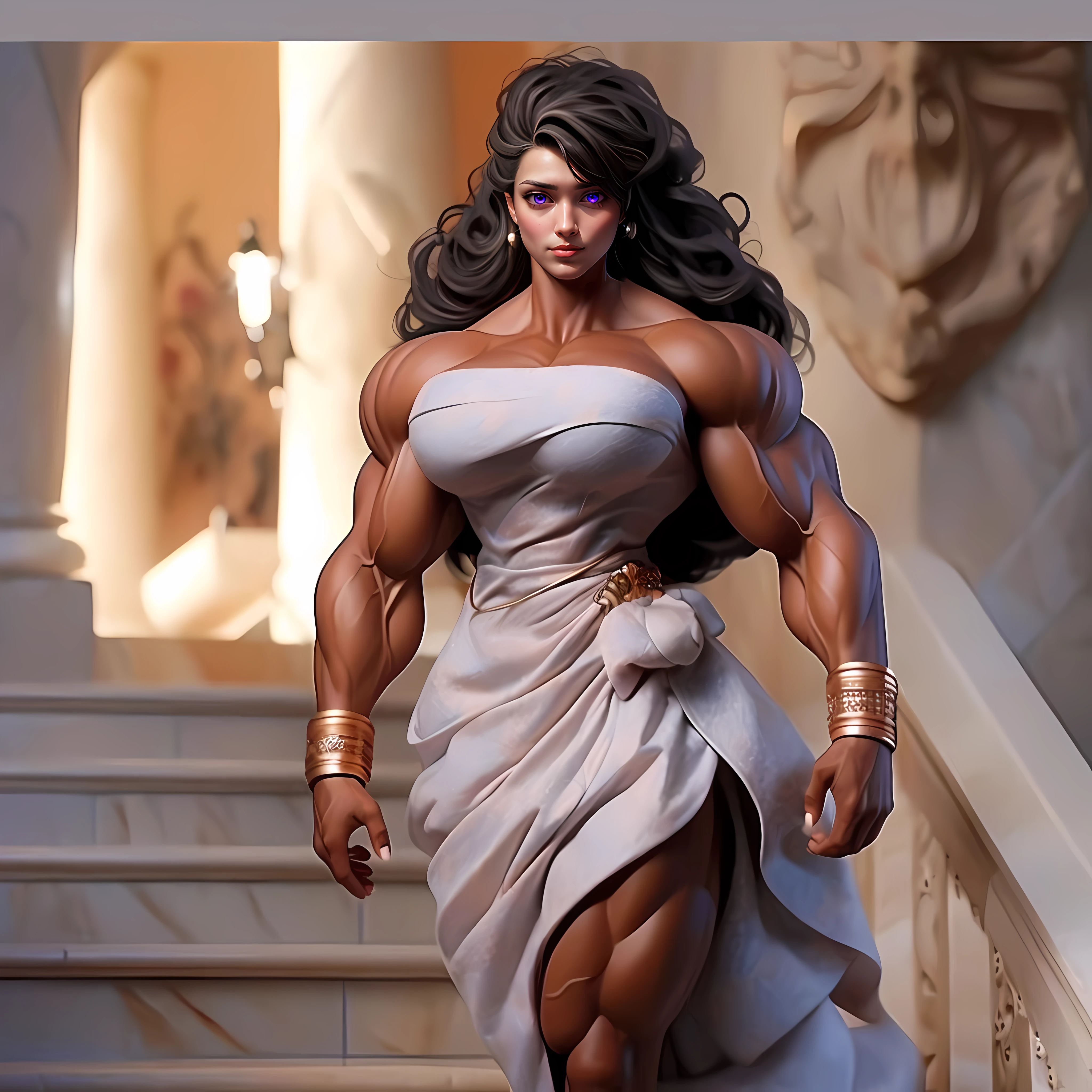 (beautiful face: 2), beautiful nordic woman face, 25-year-old woman face, thick muscular neck, matching neck, matching trapezius muscles, matching hair, slight smirk, neutral stare, glowing purple eyes