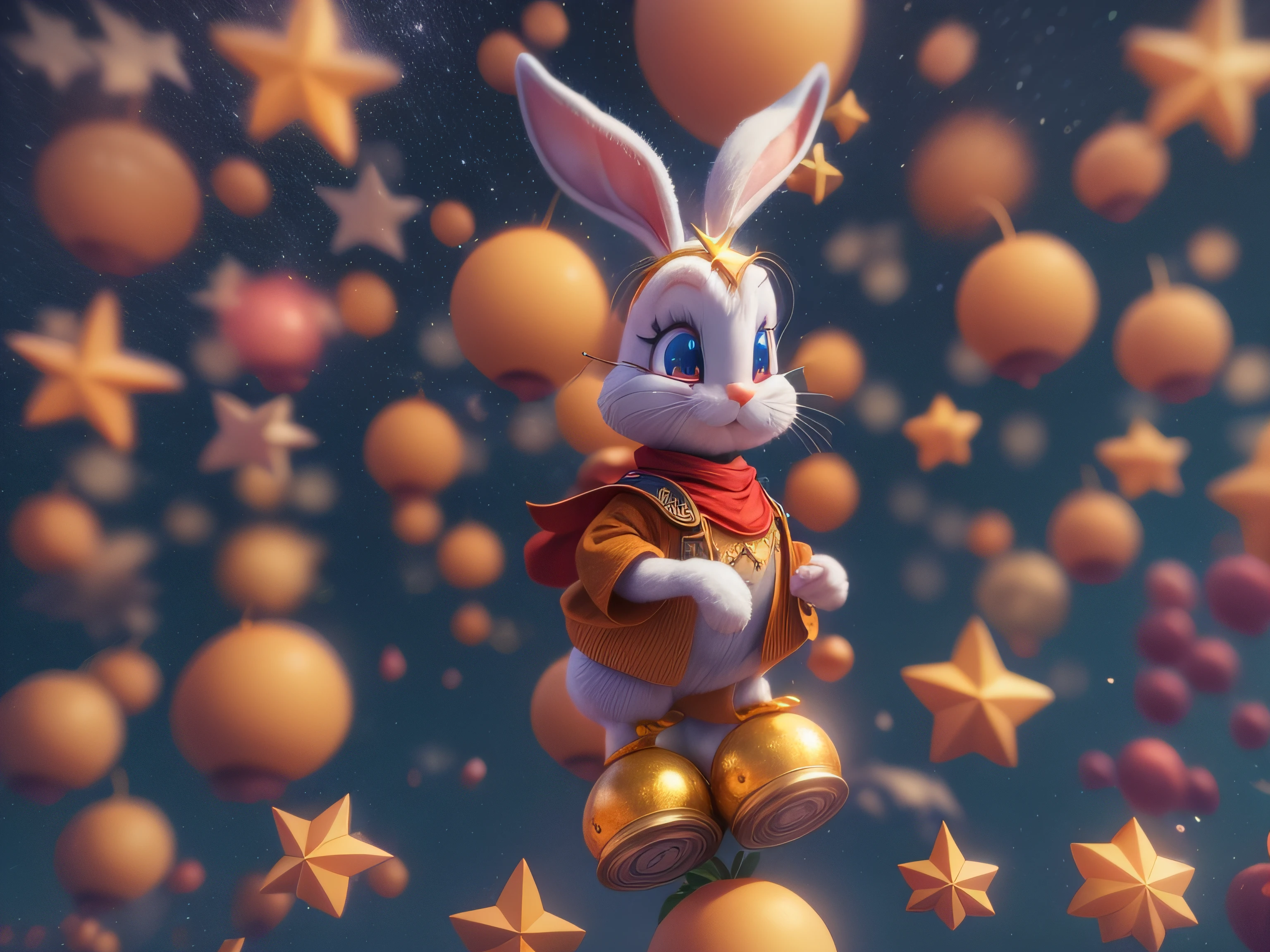 Fechar em, The graceful appearance of Bugs Bunny in the form of a baby dressed in beige uniform, vermelho, azul-marinho e com estrelinhas amarelas, em uma manjedoura, olhar acolhedor, ricamente detalhado, Hiper realista, 3D-rendering, obra-prima, NVIDIA, RTX, ray-traced, Bokeh, Night sky with a huge and beautiful full moon, estrelas brilhando, 8k,