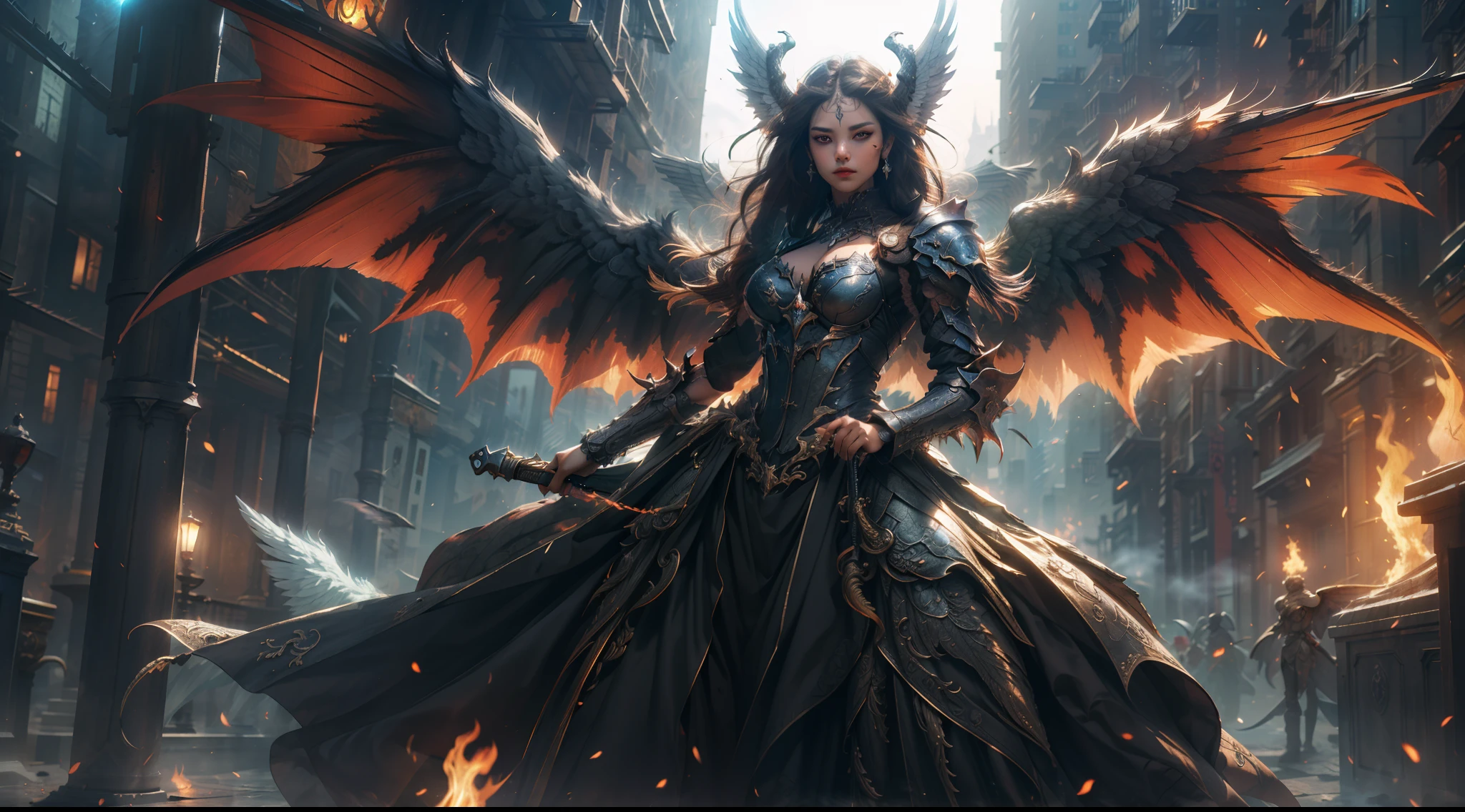 (Extremely detailed Cg Unity 8K wallpaper,Masterpiece, Best quality, Ultra-detailed, Beautiful detailed eyes:1.2),Best illumination, (Best shadow, An extremely delicate and beautiful, full bloom),
1girll,Solo,Dragon's horn,Large breasts,Heavy armor,Long hair,holdingsword,Angel wings,Black wings,(Big wings:1.4),Film filter,satan, Hellfire,full bodyesbian,demon,Flame,City at night,smog,steampunc,illusory engine, (High detail: 1.9)