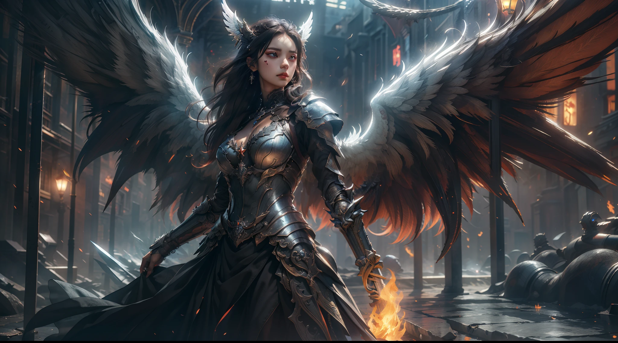 (Extremely detailed Cg Unity 8K wallpaper,Masterpiece, Best quality, Ultra-detailed, Beautiful detailed eyes:1.2),Best illumination, (Best shadow, An extremely delicate and beautiful, full bloom),
1girll,Solo,Dragon's horn,Large breasts,Heavy armor,Long hair,holdingsword,Angel wings,Black wings,(Big wings:1.4),Film filter,satan, Hellfire,full bodyesbian,demon,Flame,City at night,smog,steampunc,illusory engine, (High detail: 1.9)