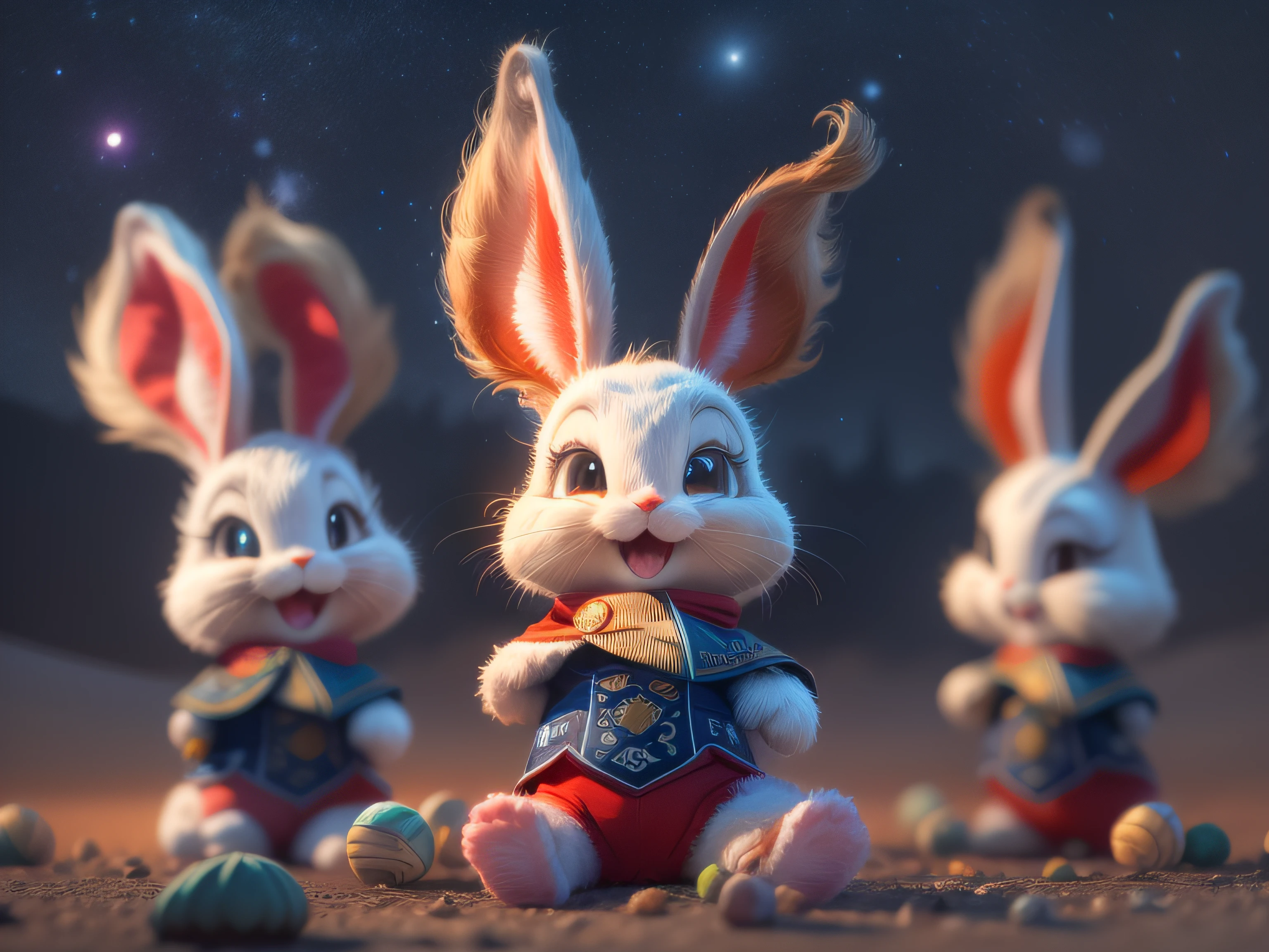 Fechar em, The graceful appearance of Bugs Bunny in the form of a dressed in beige uniform, vermelho, azul-marinho e com estrelinhas amarelas, em uma manjedoura, olhar acolhedor, ricamente detalhado, Hiper realista, 3D-rendering, obra-prima, NVIDIA, RTX, ray-traced, Bokeh, Night sky with a huge and beautiful full moon, estrelas brilhando, 8k,