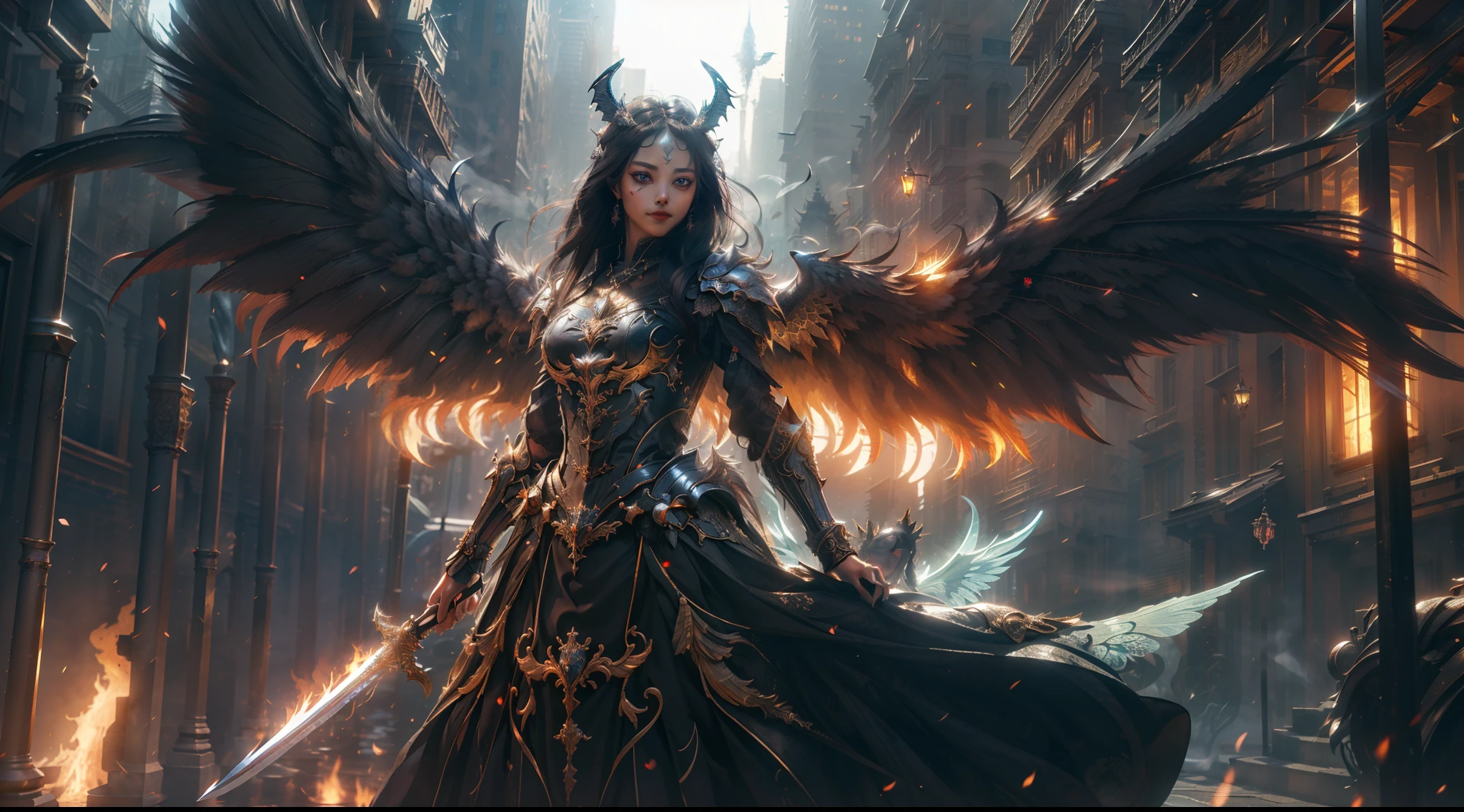(Extremely detailed Cg Unity 8K wallpaper,Masterpiece, Best quality, Ultra-detailed, Beautiful detailed eyes:1.2),Best illumination, (Best shadow, An extremely delicate and beautiful, full bloom),
1girll,Solo,Dragon's horn,Large breasts,Heavy armor,Long hair,holdingsword,Angel wings,Black wings,(Big wings:1.4),Film filter,satan, Hellfire,full bodyesbian,demon,Flame,City at night,smog,steampunc,illusory engine, (High detail: 1.9)