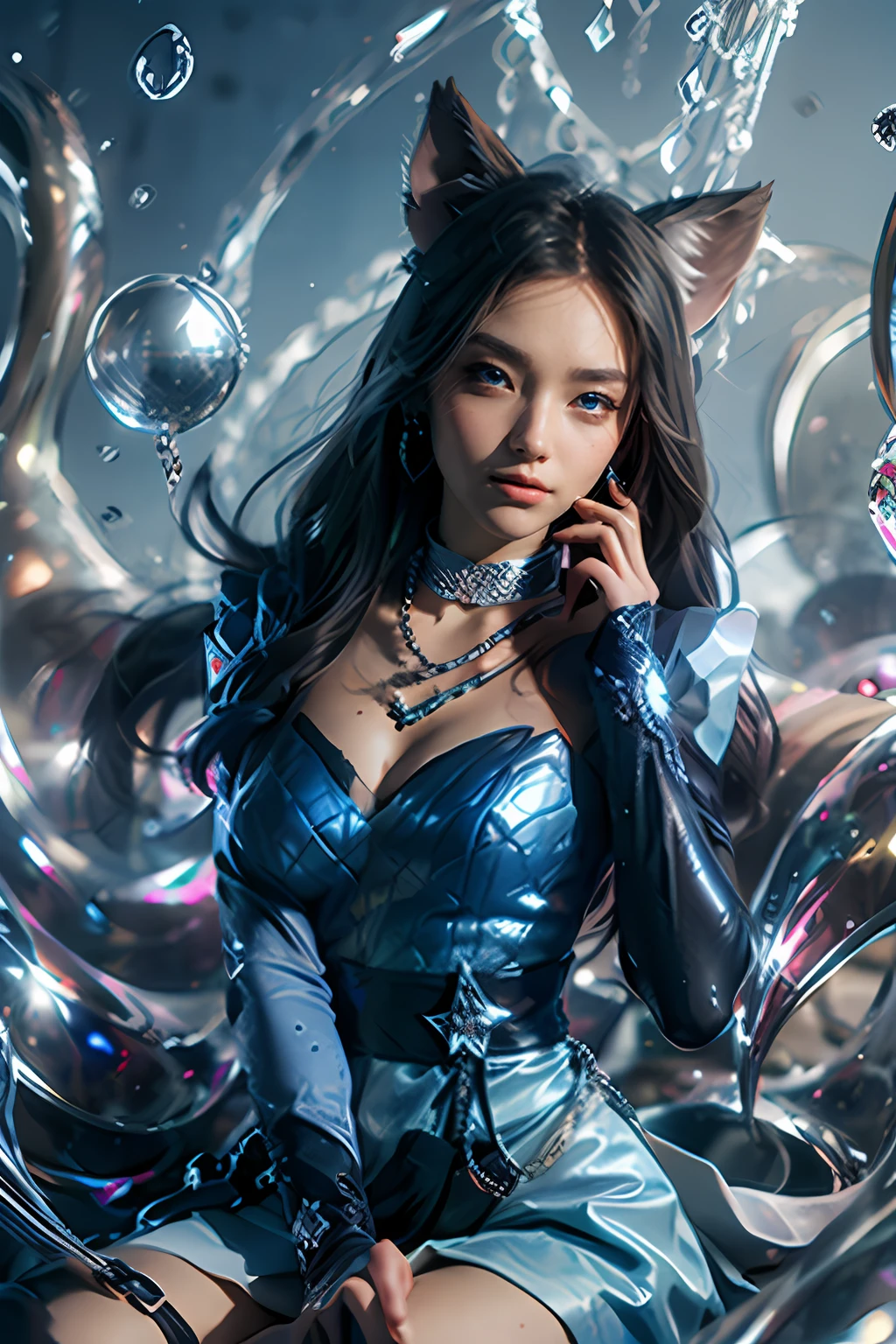 masterpiece, best quality, highres, mer1, tiara, sailor senshi uniform, blue sailor collar, bow, knee boots, choker, white gloves, blue choker, elbow gloves, jewelry, earrings, blue skirt, cowboy shot, orb, crystal ball, 1girl water yushushui,ahri, ahri \(league of legends\), k/da \(league of legends\), spirit blossom \(league of legends\)，animal ears, facial mark, fox ears, fox tail, orange eyes, multiple tails, tail