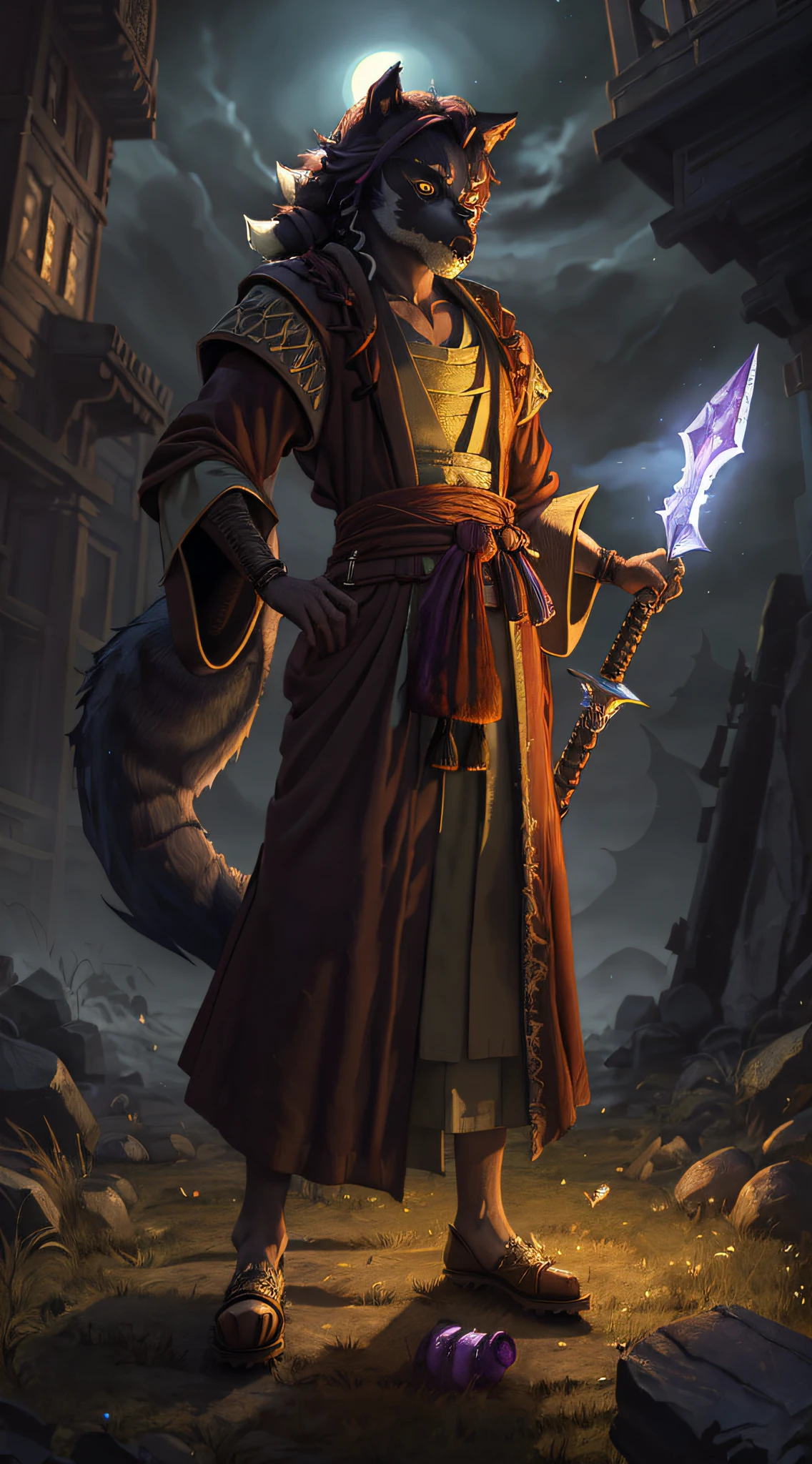 1 girl, adult (pakistani) (werewolf:1.5) female, (samurai), strapping body, (light skin:1.2), amethyst eyes, medium brown cornrows, (infernal robe:1.5), sword and sorcery, hyperborea civilization, polar grassland, Scroll, (masterpiece:1.2) (illustration:1.2) (best quality) (detailed) (intricate) (8k) (HDR) (wallpaper) (cinematic lighting) (sharp focus), intricate, elegant, highly detailed, digital painting, artstation, concept art, smooth, sharp focus, illustration, unity asset store, full body shot, (fantasy portraits, rpg portraits), (professional majestic oil painting by fantasy art book illustrators, volumetric lighting:1.3), Intricate, High Detail, dramatic, Good Anatomy, Good proportions, Subsurface Scattering, Award Winning, Masterwork, Masterpiece