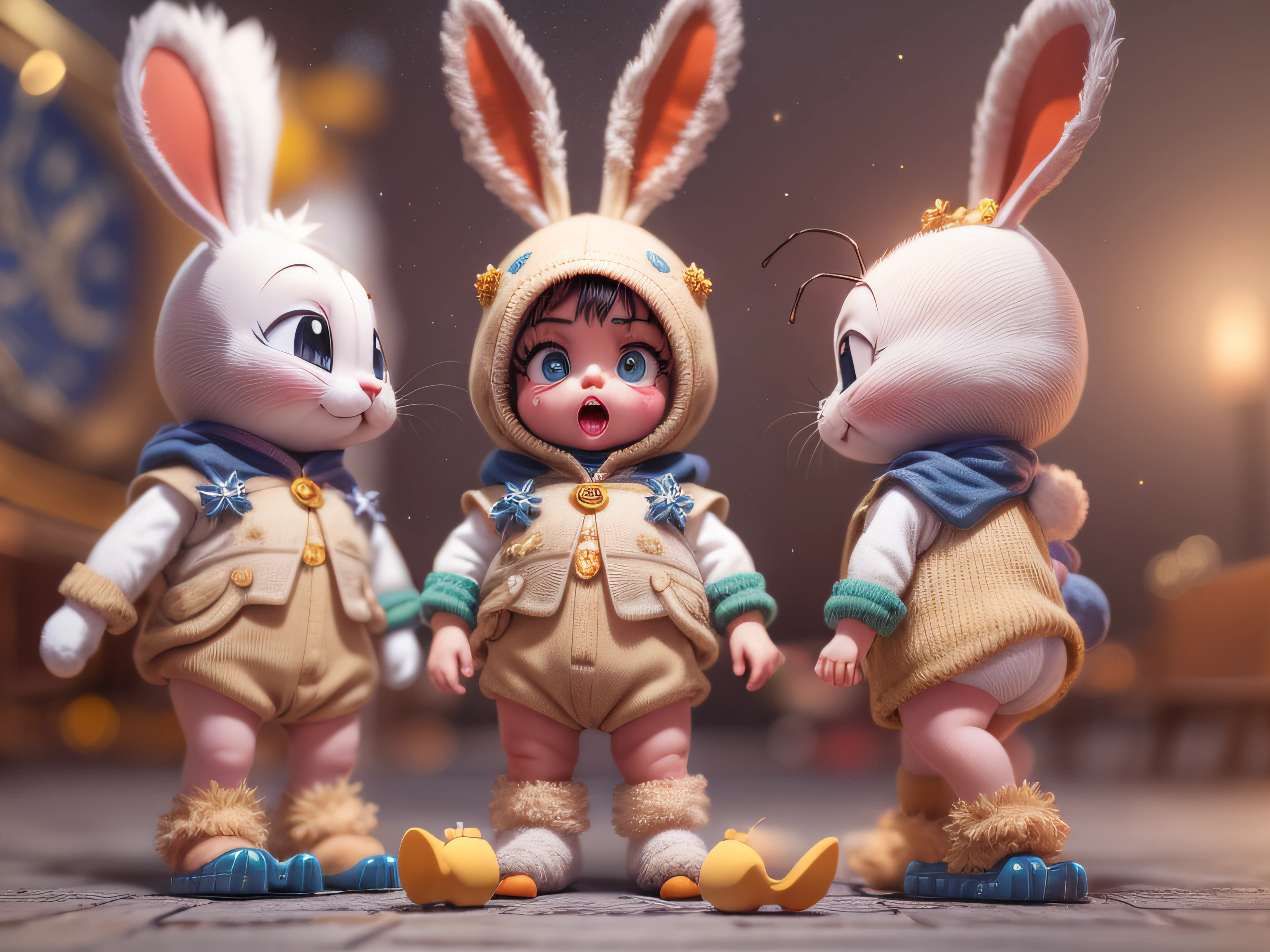 Fechar em, The graceful appearance of Bugs Bunny in the form of a dressed in beige uniform, vermelho, azul-marinho e com estrelinhas amarelas, em uma manjedoura, olhar acolhedor, ricamente detalhado, Hiper realista, 3D-rendering, obra-prima, NVIDIA, RTX, ray-traced, Bokeh, Night sky with a huge and beautiful full moon, estrelas brilhando, 8k,