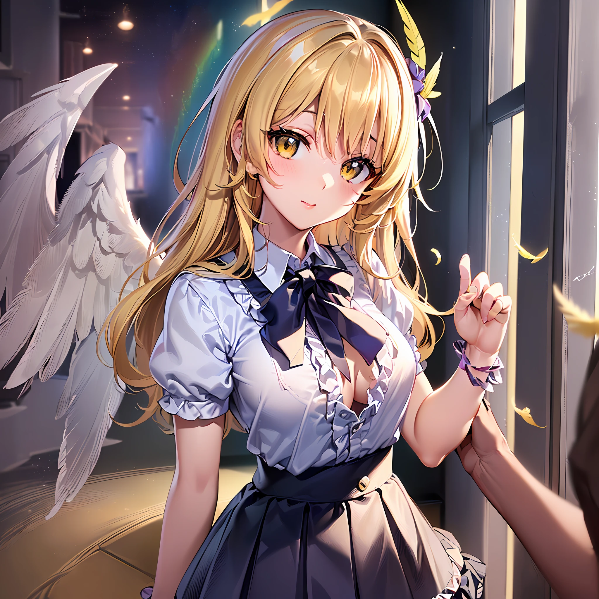(masutepiece) ((Kaleidoscope)) ((Harmonious)) (ultra-quality) (very exquisite) (Professional Balance) (absurderes) (Wide Shot) (1 schoolgirl) ((Upper body)) ((fullllbody)) ((G Cup Breasts)) (Fine-grained body lines) ((realisitic:0.8)) (zettai ryouiki) (Hi-Res Textures)   (Clearly draw the shape of the nose) ((Exposure 1:0.25)) (((Shiny skin))) (X Hair Ornament) (Ornament Heart(手链、gargantilha、ear ornament)  (((((Yellow hair、ornate、Small Banghead 1:1:1))))) (Wave hair) ((((faithfully、Depiction of correct finger alignment)))) ((((faithfully、Depiction of the correct hand)))) (It clearly depicts the reflection of small white light in the pupil, which adds depth to the pupil) (((top-quality、Elegant yellow detail eyes))) (((Ultra Definition Masterpiece Highest Quality:1.2 4DCG high quality))) (Highly detailed face and eyes) (24-year-old schoolgirl) (Model body type) (Slender and long legs) (A slender) (mascara) (eyeshadows) (eye liner) (Glossy lipstick) (lip stick) (((((Rainbow × Angel Ribbon× Ruffles× Ruffles))))) (((((Boob Pudding G Cup)))))  (Photorealsitic) (8K Character Concept) (((32K HD image quality...)) (conputer graphics) (angelicales、pastels、Feather 1:1.5) (((((School Uniform Mini Skirt 1:1))))) (Freedom of movement、evolve) (((Add charms to the background))) ((((Angel's Big Wings 1:1))) ((((Background school hallway))))) (((crosswind))) (((Panchira))) (((Skirt that holds down by hand))) (Skirt Pulling Up) (Flip-up) (School Uniform Pink × Pink Sapphire 1:1) (((Marilyn Monroe))) ((hi-school girl))