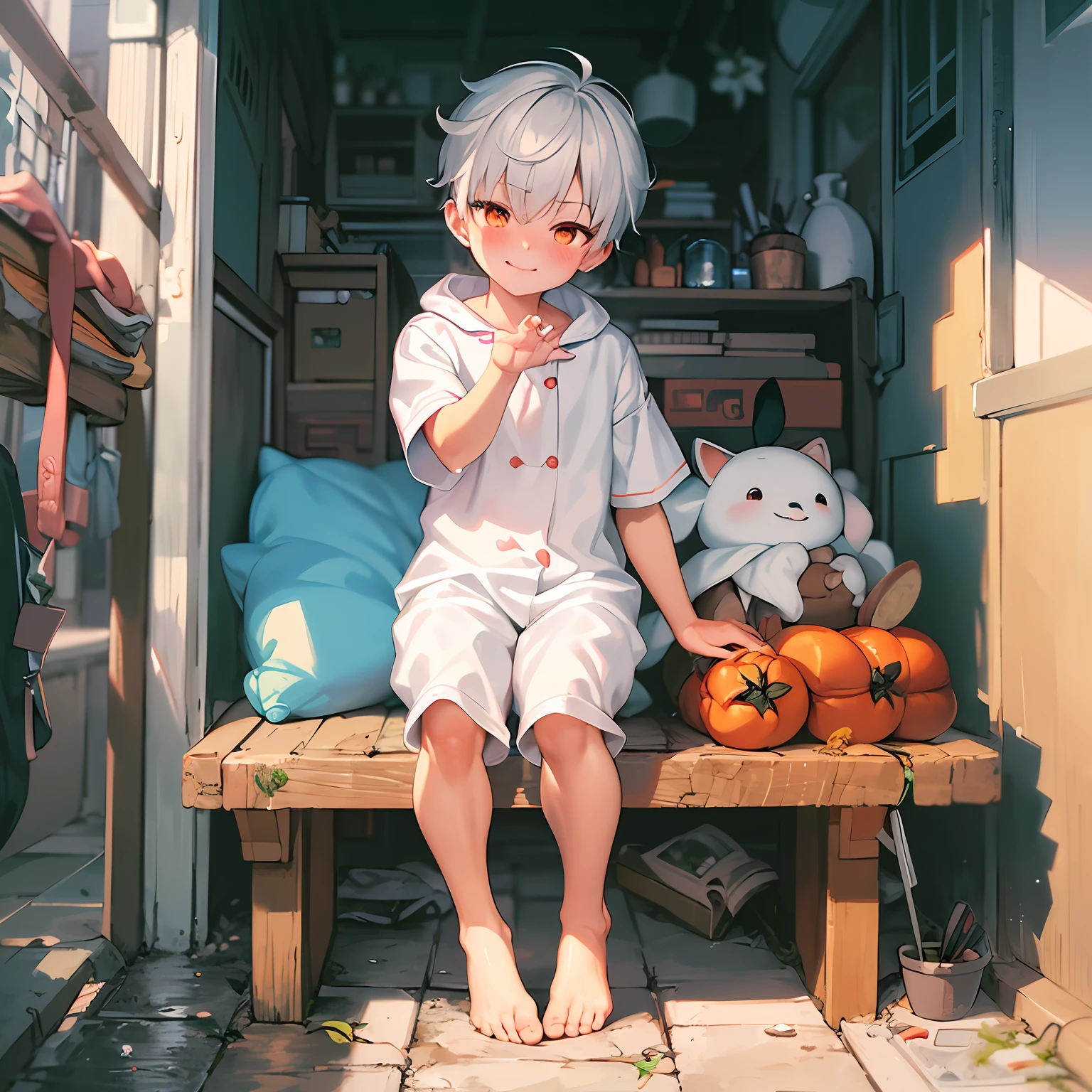 4K), chubby little boy with white hair and orange eyes and barefoot and white Onesie pajama small tiny feet, He is standing on a rooftop, soft skin, showing feet, sexy feet pose, Nebel Licht, Impressionismus, 2D, Focused on feet, libido, smirking, White tan, blushing, cute feet
