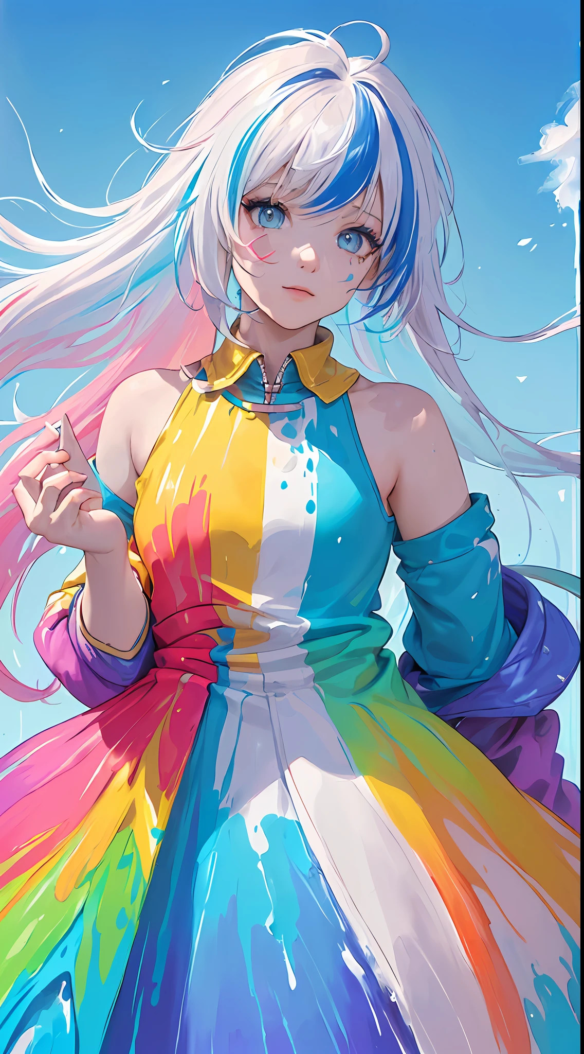 (Pink Fashion jacket:1.9),(Colorful hair: 1.8), (all the colours of the rainbow: 1.8),(((((vertical painting:1.6))), (painting:1.6),front, comics, illustrations, paintings, large eyes, crystal clear eyes,( rainbow color gradient high ponytail:1.7), exquisite makeup, closed mouth,(Small Fresh: 1.5),(Wipe Chest: 1.6) ,long eyelashes, colorful jacket, looking at the audience, large watery eyes, (rainbow colored hair:1.6), color splash, (solo:1.8), color splash, color explosion, thick paint style, messy lines, ((shining)),(colorful), (colorful), (colorful), colorful, Thick Paint Style, (Splash) (Color Splash), Vertical Painting, Upper Body, Paint Splash, Acrylic Pigment, Gradient, Paint, Highest Image Quality, Highest Quality, Masterpiece, Solo, Depth of Field, Face Paint, colorful clothes, (Elegant: 1.2), gorgeous,long hair, wind, (Elegant: 1.3), (Petals: 1.4),(((masterpiece))),(((best quality))),((ultra-detailed)),(illustration),(dynamic angle),((floating)),(paint),((disheveled hair)),(solo),(1girl) , (((detailed anima face))),((beautiful detailed face)),collar, white hair, ((colorful hair)),((streaked hair)),beautiful detailed eyes,(Gradient color eyes),(((colorful eyes))),(((colorful background))),(((high saturation))),(((surrounded by colorful splashes))),