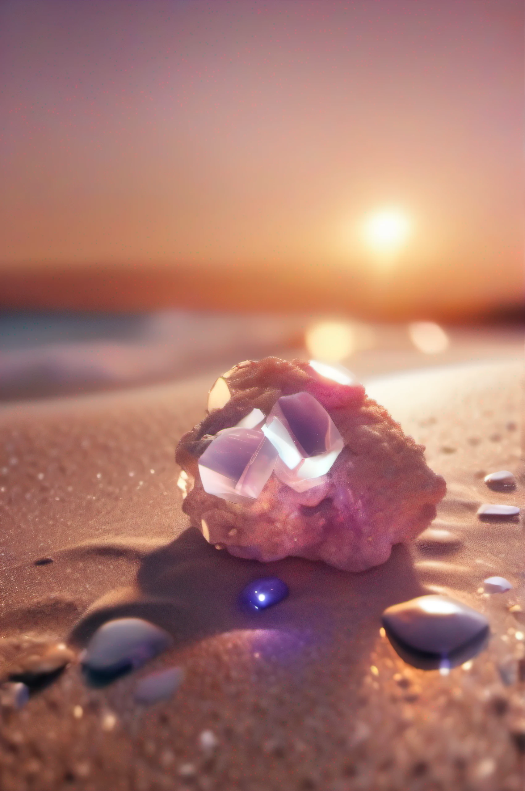 (8k wallpaper, .primitive, Photorealistic:1.25) ,( glossy side,, Best quality, Ultra-high resolution, Depth of field, color difference, Caustics, Special light) ,Iridescent color style,(dreamy and romantic compositions:1.5)，Bright style，Crystal clear stone，sandbeach，with light glowing，rays of sunshine,