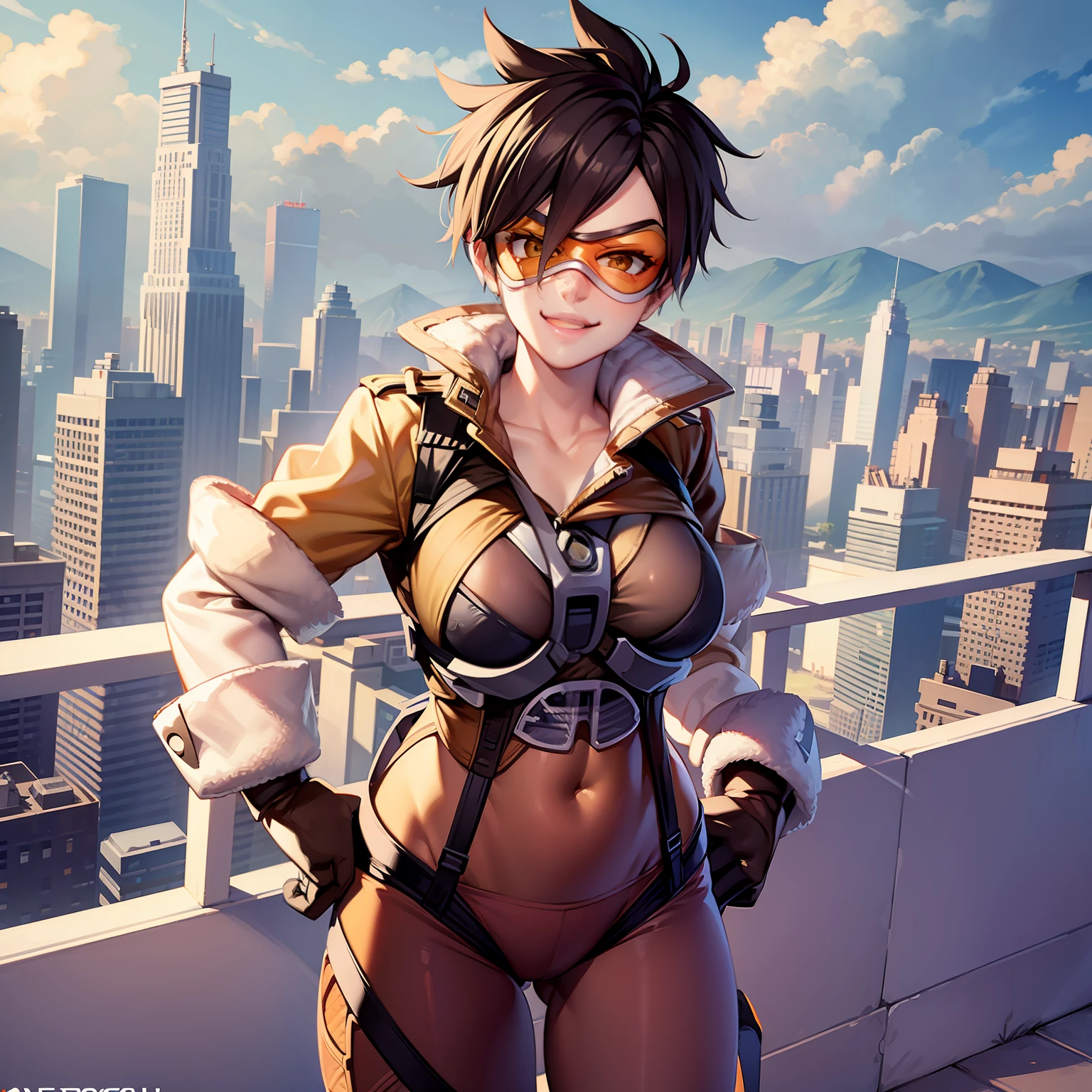 tracer, bomber jacket, chest harness, bodysuit, orange goggles, leggings, shoes, futuristic city, looking at viewer, standing, cheeky smile, sky, sunlight, best quality,