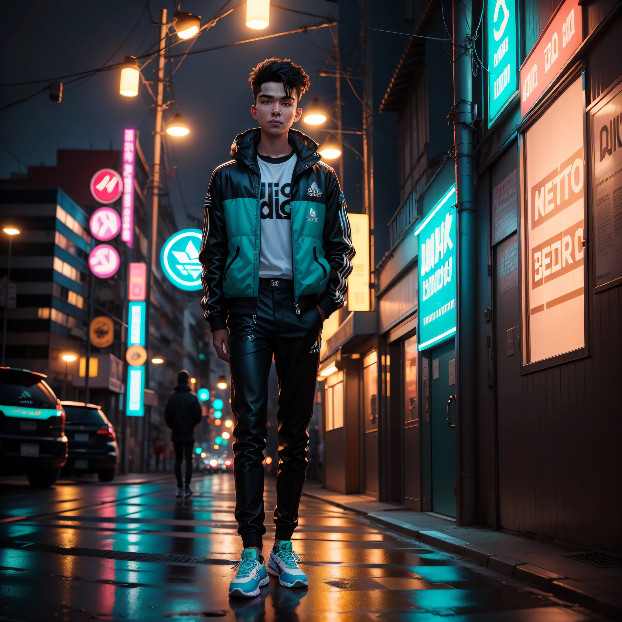 25-year-old solo man in blue jacket and black pants standing, corpo todo, em uma loja de neon, neon iluminado, neon jungle, teddy fresh, neon vibes, luzes neon e adiciona, Foto de um ensaio promocional, Retrato no meio da foto, neon lights in the background oriental letters, thick neon lights, foto promocional, com luzes neon, Cidade oriental Neon ao fundo, aesthetic shot, rosto bem detalhado 4k HD, brincos, rua adidas, Adidas tennis shoes , corte de cabelo degrade liso , cavanhaque, brincos de argola, olhar forte, boca bem detalhada maos bem detalhadas