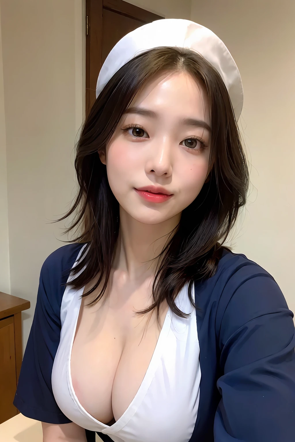 (8K、Raw photography、top-quality、masterpiece:1.2)、high-definition RAW color photography、professional photograpy、(realisitic、photoRealstic:1.37)、ciinematic light、1girl in、A smile、Nurse、Upper body close-up、Overflowing breasts、爆乳、huge-breasted:2.0、hospitals、nurse's outfit、Breasts overflowing from clothes、Sexy Nurse、Heavy makeup