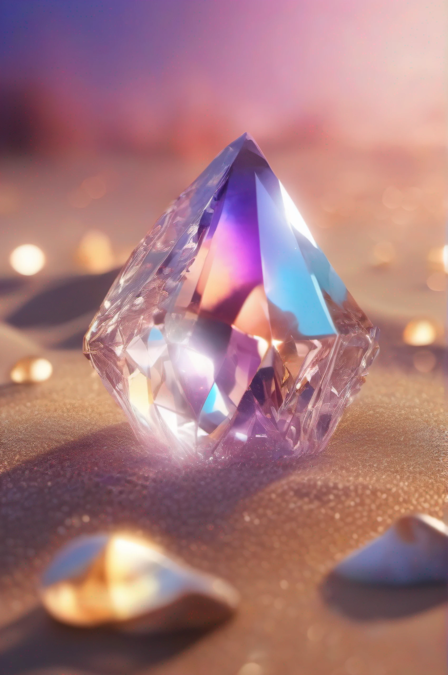 (8k wallpaper, .primitive, Photorealistic:1.25) ,( glossy side,, Best quality, Ultra-high resolution, Depth of field, color difference, Caustics, Special light) ,Iridescent color style,(dreamy and romantic compositions:1.5),Bright style,Crystal clear stone,sandbeach,with light glowing,rays of sunshine,