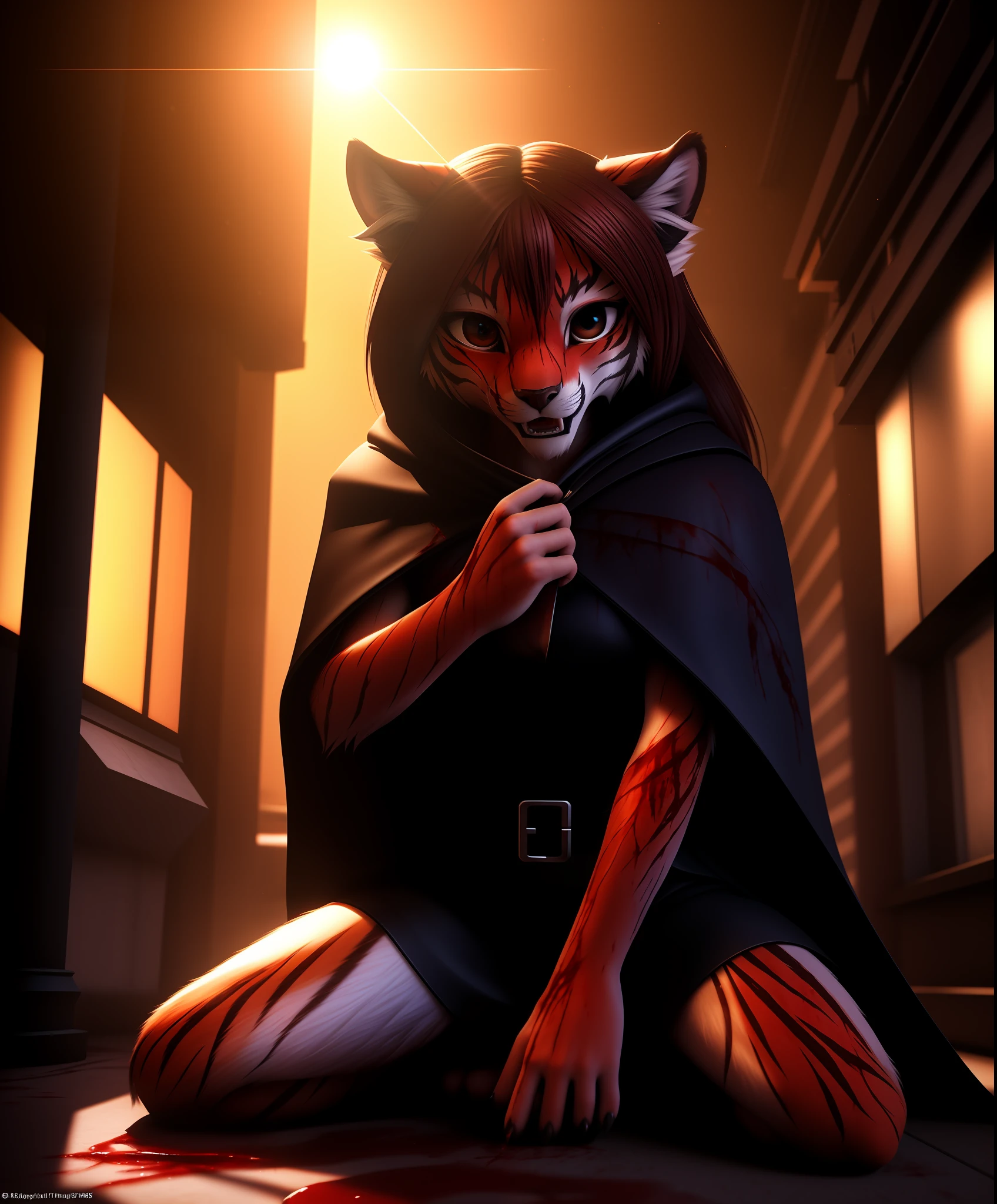 (blood flows down the fur, girl covered on blood:1.4), detailed background, furry female, tiger, long hair,, anthro, blush, pawpads, kneeling, full body, smiling, cute, shy, young, petite, slim, feminine, large eyes, breasts, happy to killing, aggressive, (crazy, mad, psycho:1.4), (half-closed eyes:0.4), teeth, claws, killer in town, knife, cloak, night street,
3d octane render, unreal engine raytraced screenshot, cgi, photorealistic, redshift, unrealistic lighting,high detail, realistic, masterpiece, absurdres, best quality, HDR, high quality, high-definition, extremely detailed, 8k wallpaper, intricate details, 8K uhd, Full-HD, (realistic photo:1.2), contrast, harsh lighting, cinematic lighting, natural lighting, hard light, backlighting, ray tracing, global illumination, ambient occlusion, depth of field, Field of View, lens flare, bloom, stunning environment, Rim Lighting, Soft Lighting, Accent Lighting, Filmic, Tonal Colors, Nikon D750, Brenizer Method, F/2.8, Tonal Colors, ProPhoto RGB, Perfectionism, Diffraction Grading, RAW photo, dslr, film grain, Fujifilm XT3