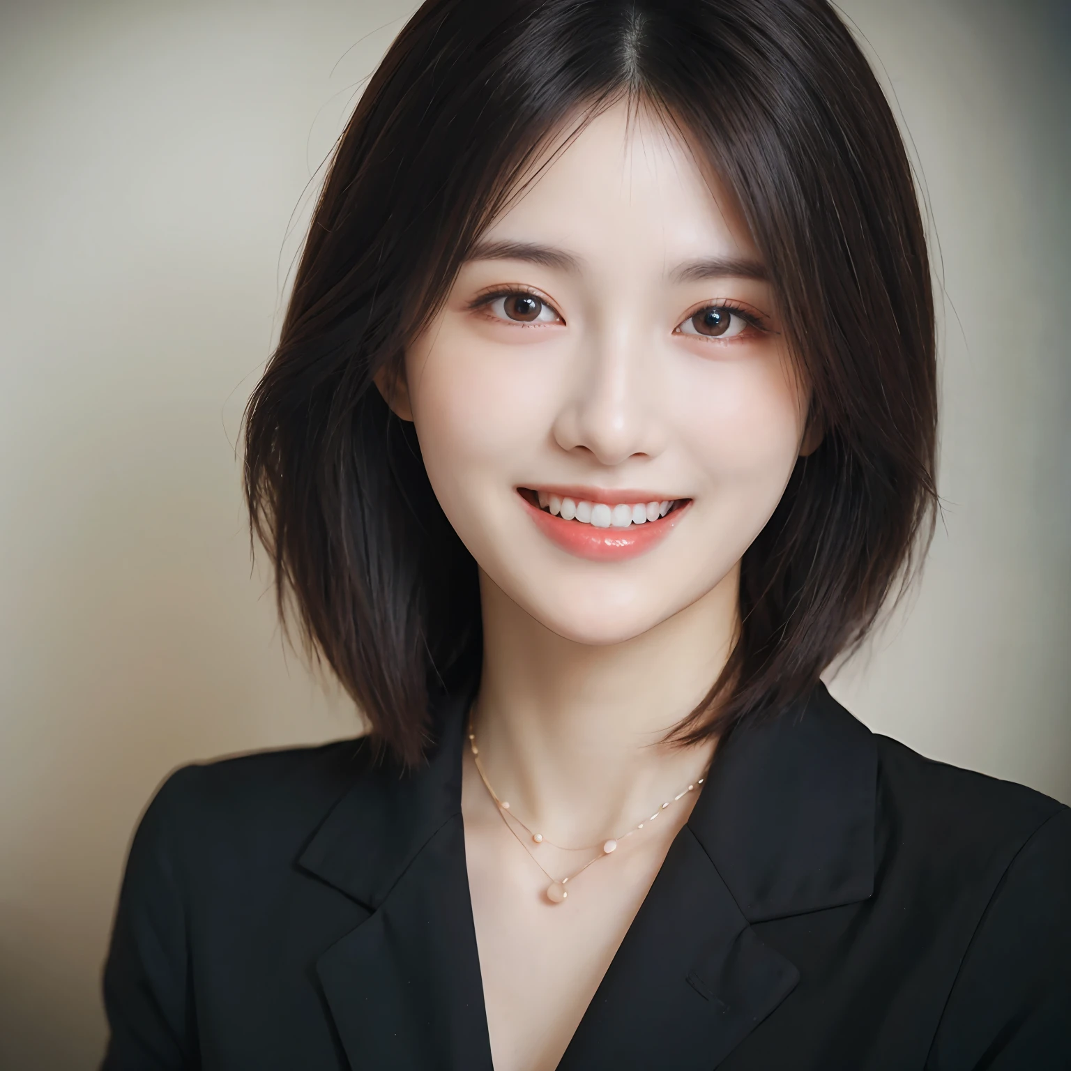 Dressed, (photographrealistic:1.4), (Hyper realistic:1.4), (Realistic:1.3), (Smoother lighting:1.05), (increase cinematic lighting quality:0.9), 32K, 1girl in,25-years old, Realistic lighting, Backlighting, Light on Face, raytrace, (Brightening light:1.2), (Increase quality:1.4), (Top quality real texture skins:1.4), finely detailed eyes, finerly detailed face, (tired and sleepy and joy:0), (Laugh:1.4), Black Suit,a necklace, (Increase body line mood:1.1), (Increase the beauty of skin texture:1.1)