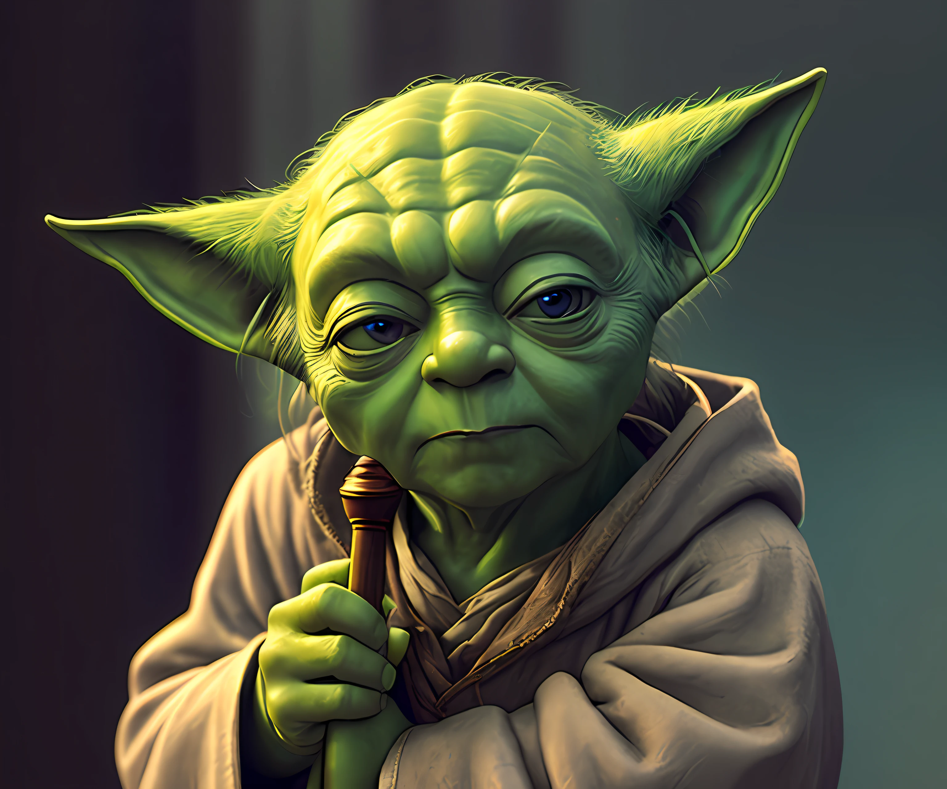 4k, a low Master Yoda with a cane, eye contact, focus, background indoors, precisionism,, ((((cinematic look)))), soothing tones, insane details, intricate details, hyperdetailed, low contrast, soft cinematic light, dim colors, exposure blend, hdr, faded, slate gray atmosphere