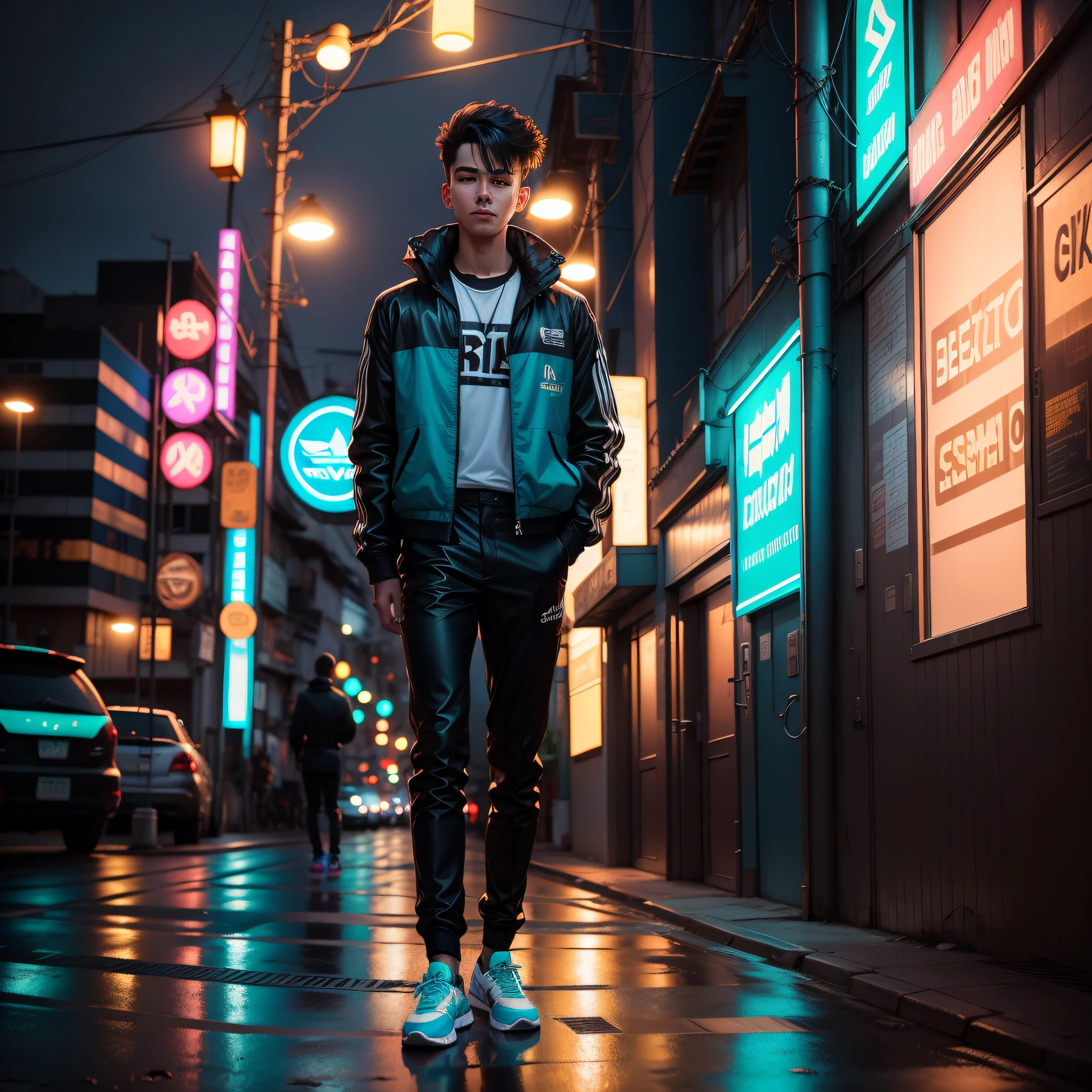 25-year-old solo man in blue jacket and black pants standing, corpo todo, em uma loja de neon, neon iluminado, neon jungle, teddy fresh, neon vibes, luzes neon e adiciona, Foto de um ensaio promocional, Retrato no meio da foto, neon lights in the background oriental letters, thick neon lights, foto promocional, com luzes neon, Cidade oriental Neon ao fundo, aesthetic shot, rosto bem detalhado 4k HD, brincos, rua adidas, Adidas tennis shoes , corte de cabelo degrade liso , cavanhaque, brincos de argola, olhar forte, boca bem detalhada maos bem detalhadas