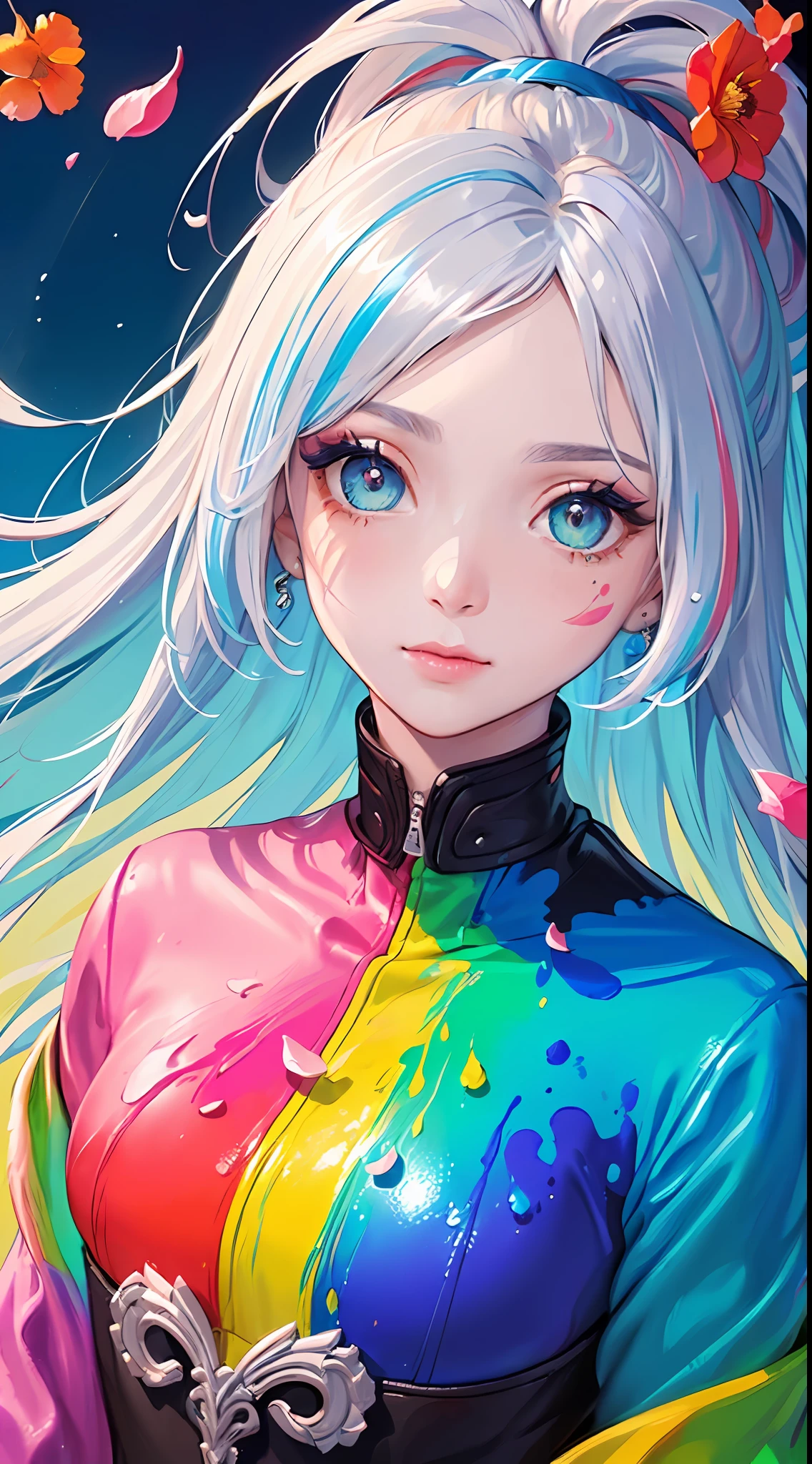 (Pink Fashion jacket:1.9),(Colorful hair: 1.8), (all the colours of the rainbow: 1.8),(((((vertical painting:1.6))), (painting:1.6),front, comics, illustrations, paintings, large eyes, crystal clear eyes,( rainbow color gradient high ponytail:1.7), exquisite makeup, closed mouth,(Small Fresh: 1.5),(Wipe Chest: 1.6) ,long eyelashes, colorful jacket, looking at the audience, large watery eyes, (rainbow colored hair:1.6), color splash, (solo:1.8), color splash, color explosion, thick paint style, messy lines, ((shining)),(colorful), (colorful), (colorful), colorful, Thick Paint Style, (Splash) (Color Splash), Vertical Painting, Upper Body, Paint Splash, Acrylic Pigment, Gradient, Paint, Highest Image Quality, Highest Quality, Masterpiece, Solo, Depth of Field, Face Paint, colorful jacket, (Elegant: 1.2), gorgeous,long hair, wind, (Elegant: 1.3), (Petals: 1.4),(((masterpiece))),(((best quality))),((ultra-detailed)),(illustration),(dynamic angle),((floating)),(paint),((disheveled hair)),(solo),(1girl) , (((detailed anima face))),((beautiful detailed face)),collar, white hair, ((colorful hair)),((streaked hair)),beautiful detailed eyes,(Gradient color eyes),(((colorful eyes))),(((colorful background))),(((high saturation))),(((surrounded by colorful splashes))),