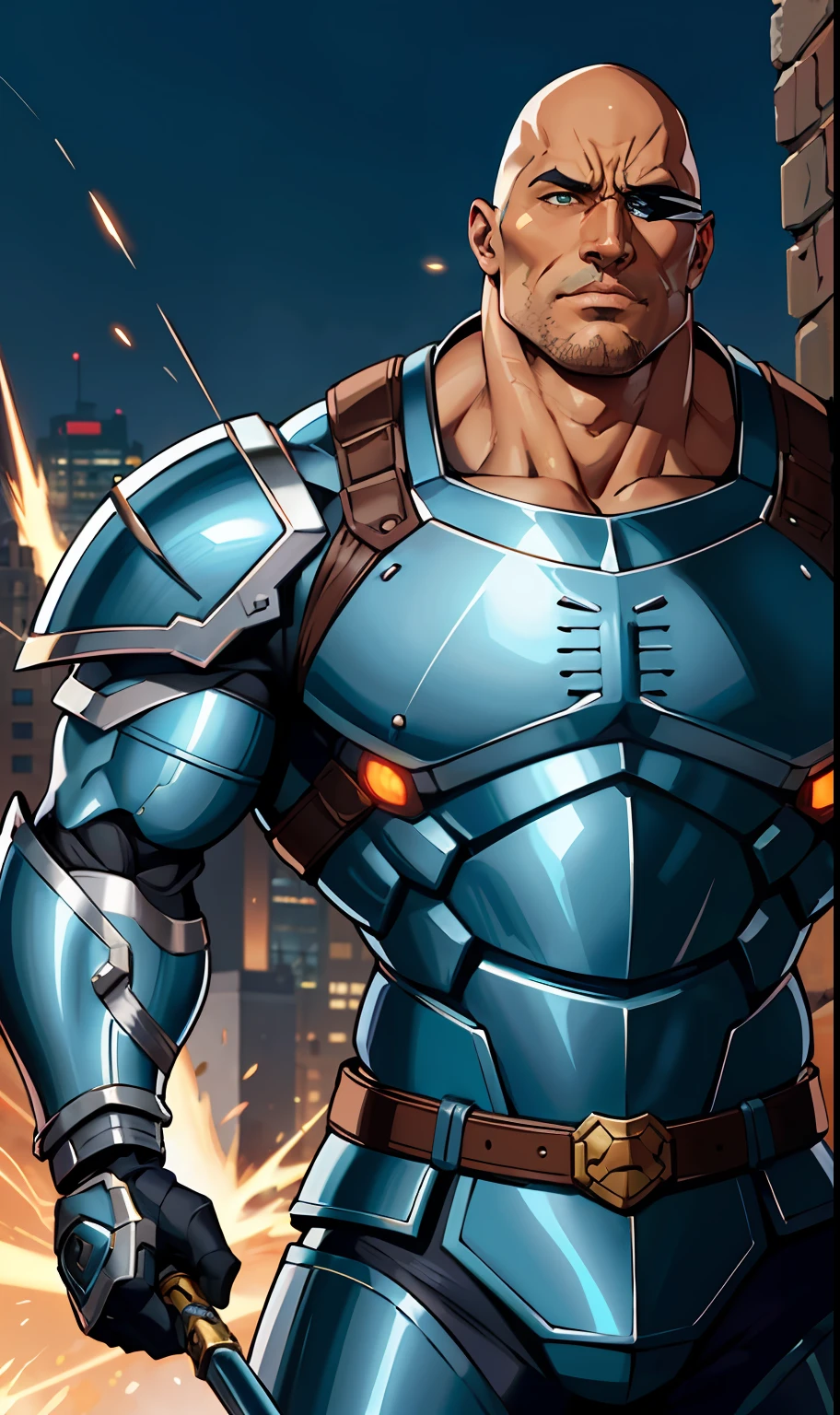 anime, male portrait, big man, very muscular, armor, cybernetic medieval gentleman, Dwayne Johnson face, bald, brown, glowing blue eye, human robot, Dwayne Johnson, sarcastic face, holding fantastic medieval giant sword, green cybernetic medieval armor and black, dynamic fight pose, detailed, epic composition, eyepatch on right eye, scar on right eye showing metal part, chubby, bara, cybernetic warrior, high quality, 4k --V6