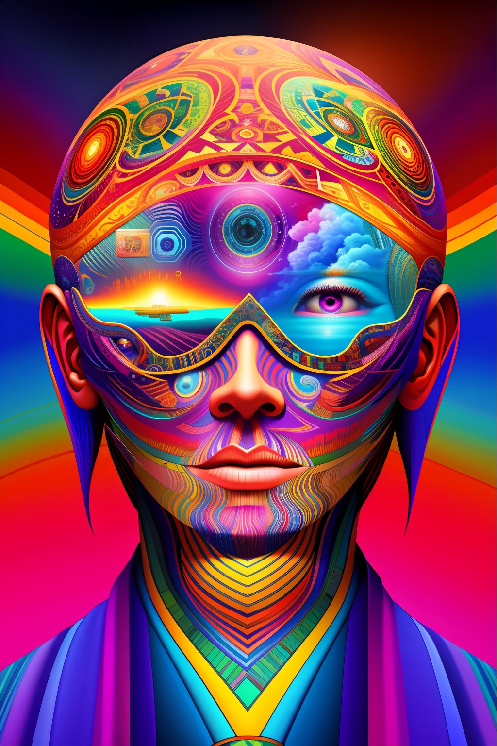 a painting of a giant head with a lot of ordinary things, psychedelic surreal art, estilo dan mumford e alex grey, psychedelic illustration, hyper detailed visionary art, Hyper Visionary Art - Detailed, psychedelic artwork, surreal + altamente detalhado, arte digital altamente detalhada 4k, arte psytrance, Directed by: Justino Geraldo, arte digital detalhada 4K, Arte Trippy, Surreal psychedelic design, desenho camiseta