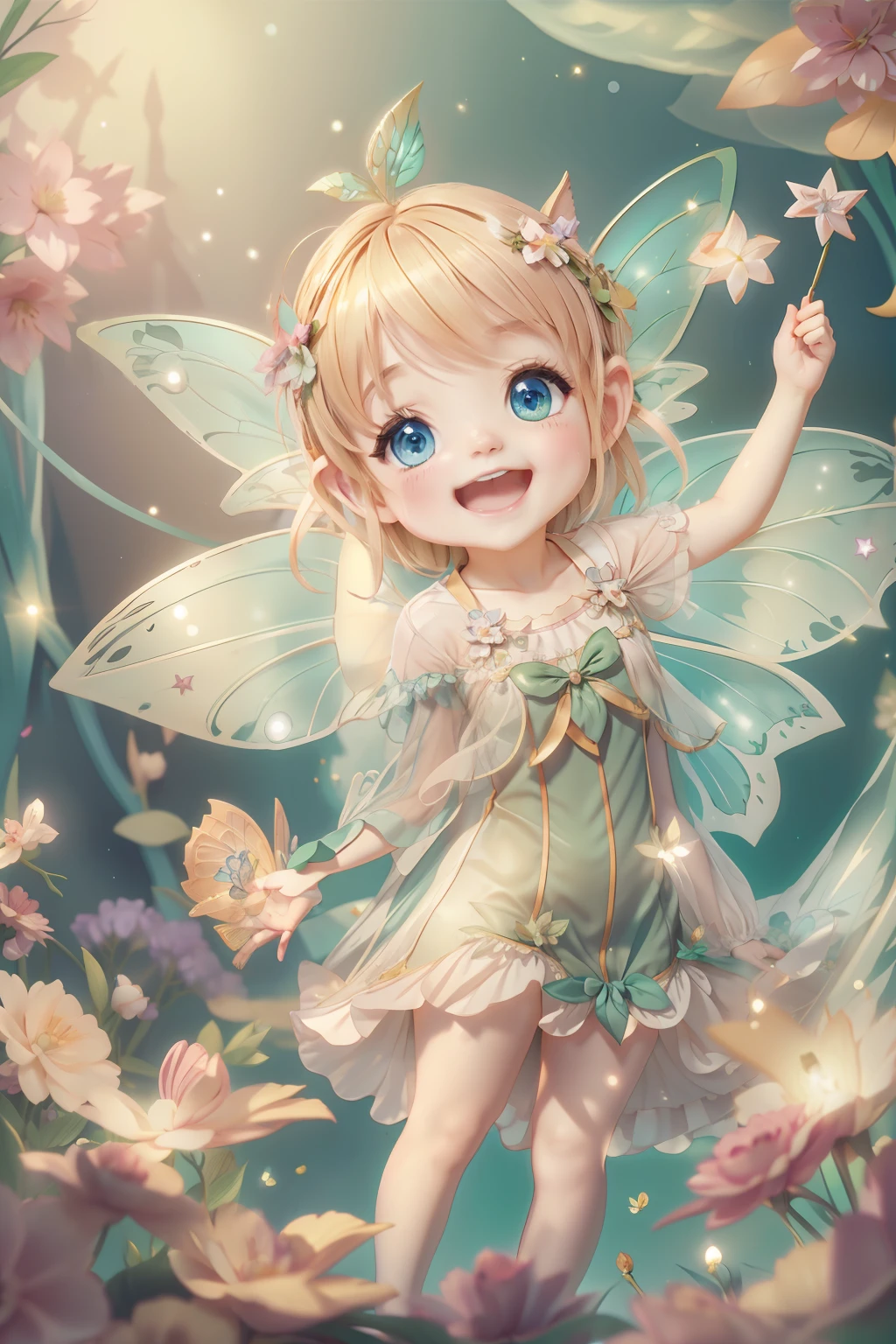 Cute fairy with a sense of transparency、Bright smile、Have fun playing、Beautiful background、Bright background、Green background