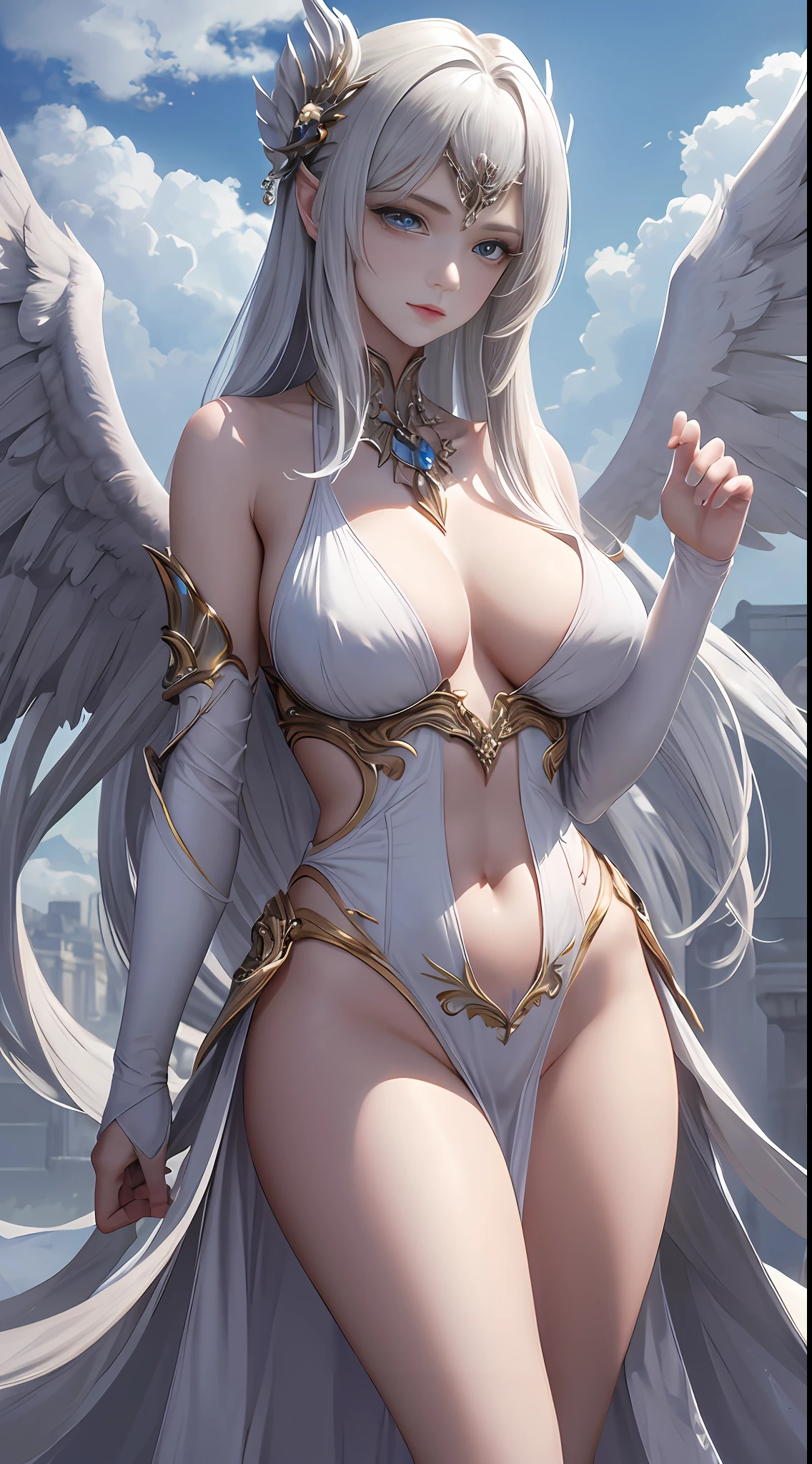 (Masterpiece),Fine details,Smooth and natural, (1girll),Silver hair,huge tit:Angel wings:goddes:Super beautiful :Hair is adducted in both palms,Beautiful and dignified,Majestic,The background is rich in detail,(Cloud+Wide shot),dense fog,The sky is ethereal,Superb Painting,Ink feeling,