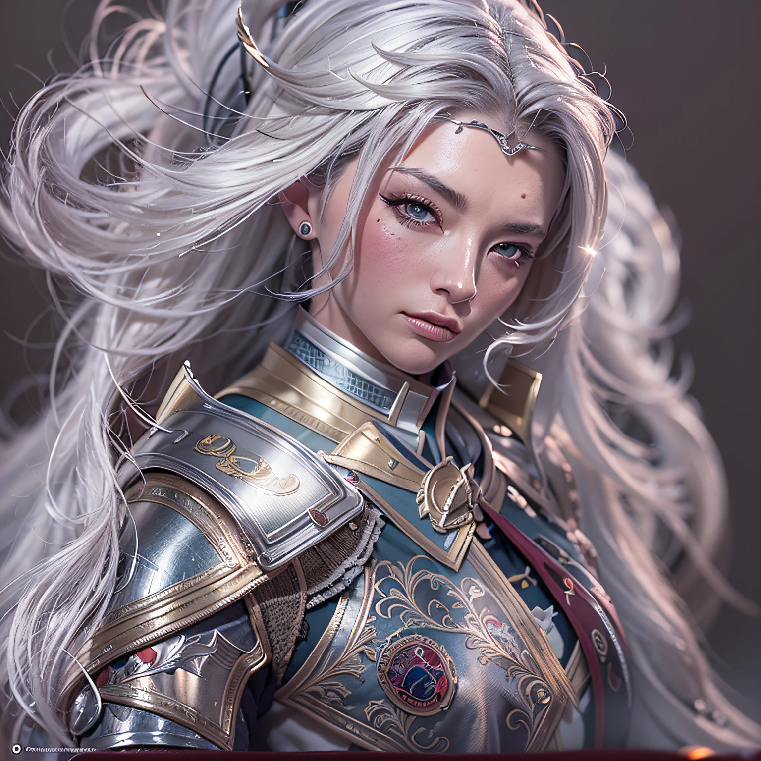 cavalier, mighty, silver hair, glint, full bodyesbian, move chart, atmospheric perspective, Hasselblad, drop shadow, cinematic lighting, panorama, masterpiece, ccurate, textured skin, highres,textured skin，UHD