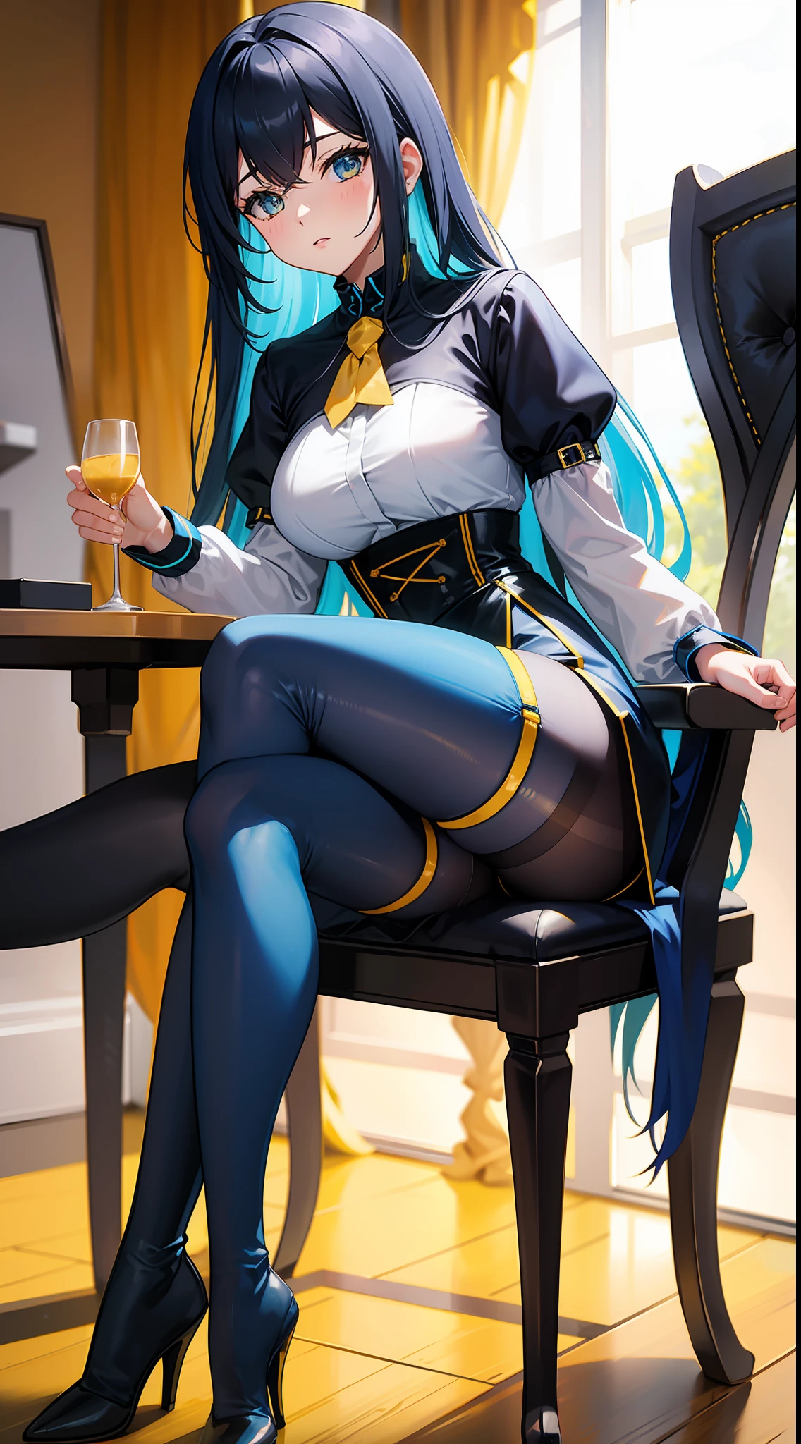 yellow long hair,Mesh hip skirt,Blue pantyhose,blue stocking,black thigh boots,sit on chair