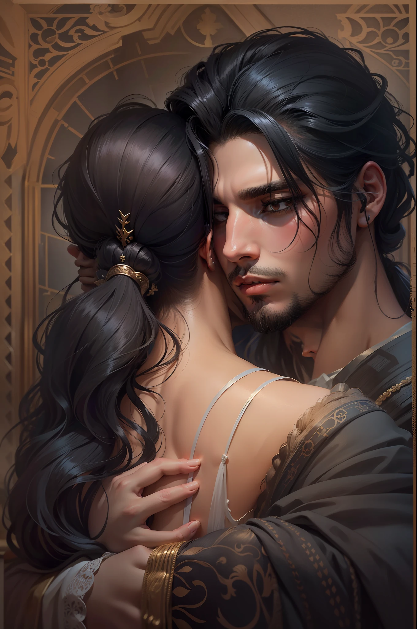 A long-haired woman hugging a black-haired young man with a ponytail, rosto bonito, symmetrical face, imagem de alta qualidade, Arte de Fantasia, Arte realista,  medieval, imagem em alto detalhe, imagem de corpo inteiro