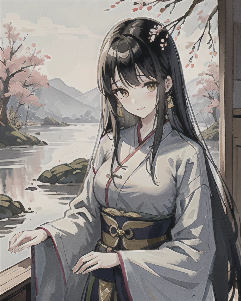 shukezouma, negative space, , shuimobysim , portrait of a woman standing , willow branches, (masterpiece, best quality:1.2), traditional chinese ink painting, modelshoot style, peaceful, (smile), looking at viewer, wearing long hanfu, hanfu, song, willow tree in background, wuchangshuo,