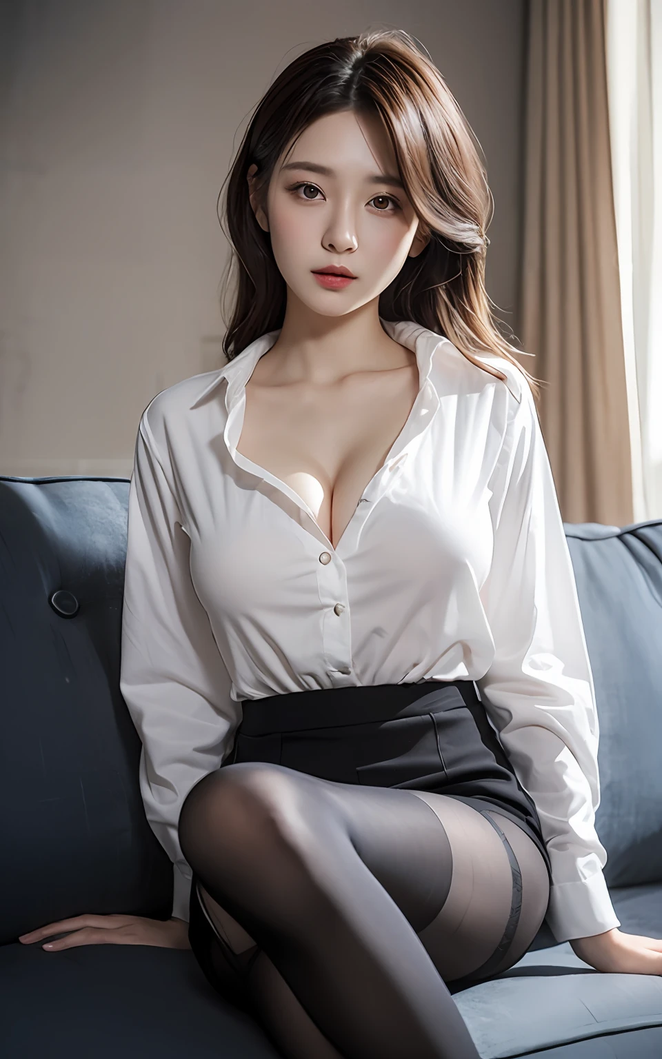 extremely detailed CG unity 8k wallpaper, best quality, ultra-detailed, masterpiece, realistic, photo realistic, extremely detailed cute girl, 30years old, (secretary), large breasts, blush, parted lips, business white shirt , couch , sitting ,panties under pantyhose ,half body shot , wavy hair