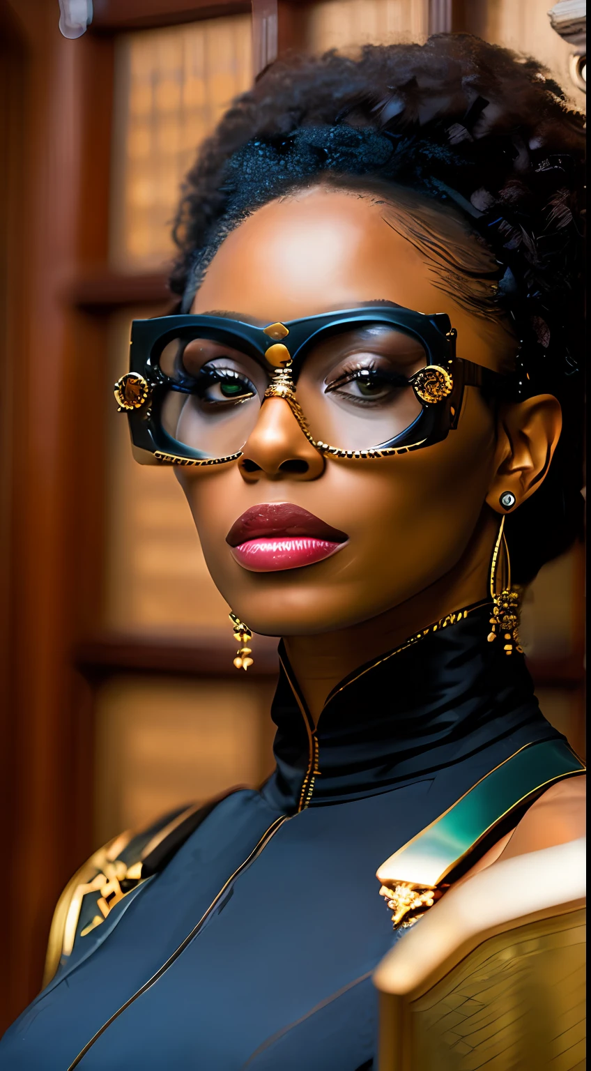 still do filme [Steampunk:Clockpunk:16], foco nos olhos, melhor qualidade, (mulher afro descendente albina da era vitoriana com pele escura), rosto perfeito, [[maquiagem ornamentada]], (wearing mechanical overalls with opulent gold embroidery), (( Steampunk glasses)), mechanicalparts, well-oiled machine, cota de malha, poses sedutoras, luxurious interior of the mansion [da era vitoriana|Steampunk], Mechanical city, (pele detalhada), [arrepio], [[detalhes imperfeitos da pele]], calafrios, profundidade de campo rasa, natural  lightting, (backlighting:0.7), (film granulation:1.1), fotografado em uma Canon AE-1, lente macro 100mm F/2.8, Fujifilm Fujicolor 800, semelhante a filme, absurdos, (altamente detalhado, detalhadamente detalhado), (meio corpo: 0,9)