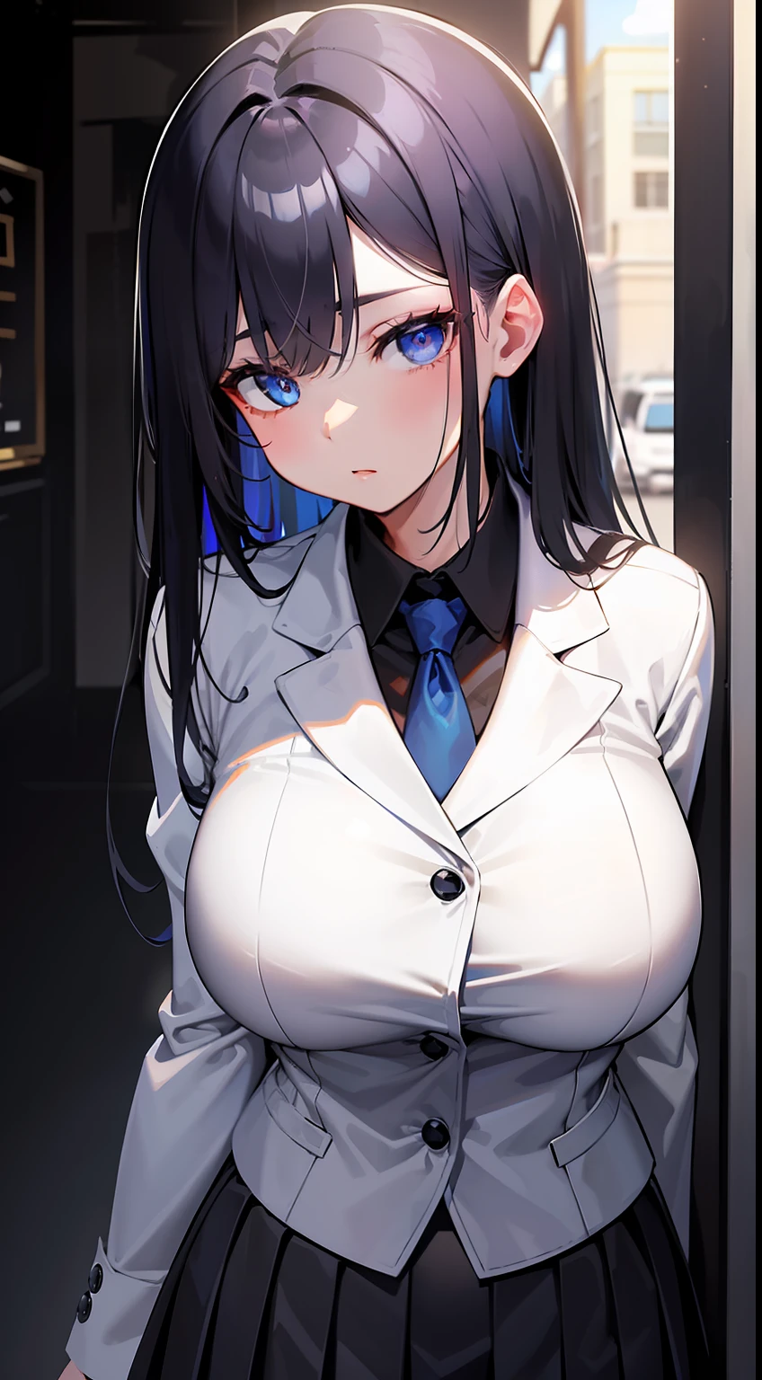 masterpiece、top-quality、hight resolution、profetional lighting、anime styled、Details of the face and clothes、Single-color background 、1womanl、Upper body shot from the front、Beautiful busty girl standing facing the front、(Mature face and body)、Turn your face and look straight ahead、(Wearing a white blazer、Wear a white jacket with long sleeves over a black shirt、Dark blue tie、Short black pleated skirt)、(blue eyess、cabelos preto e longos、straight haired :1.1)