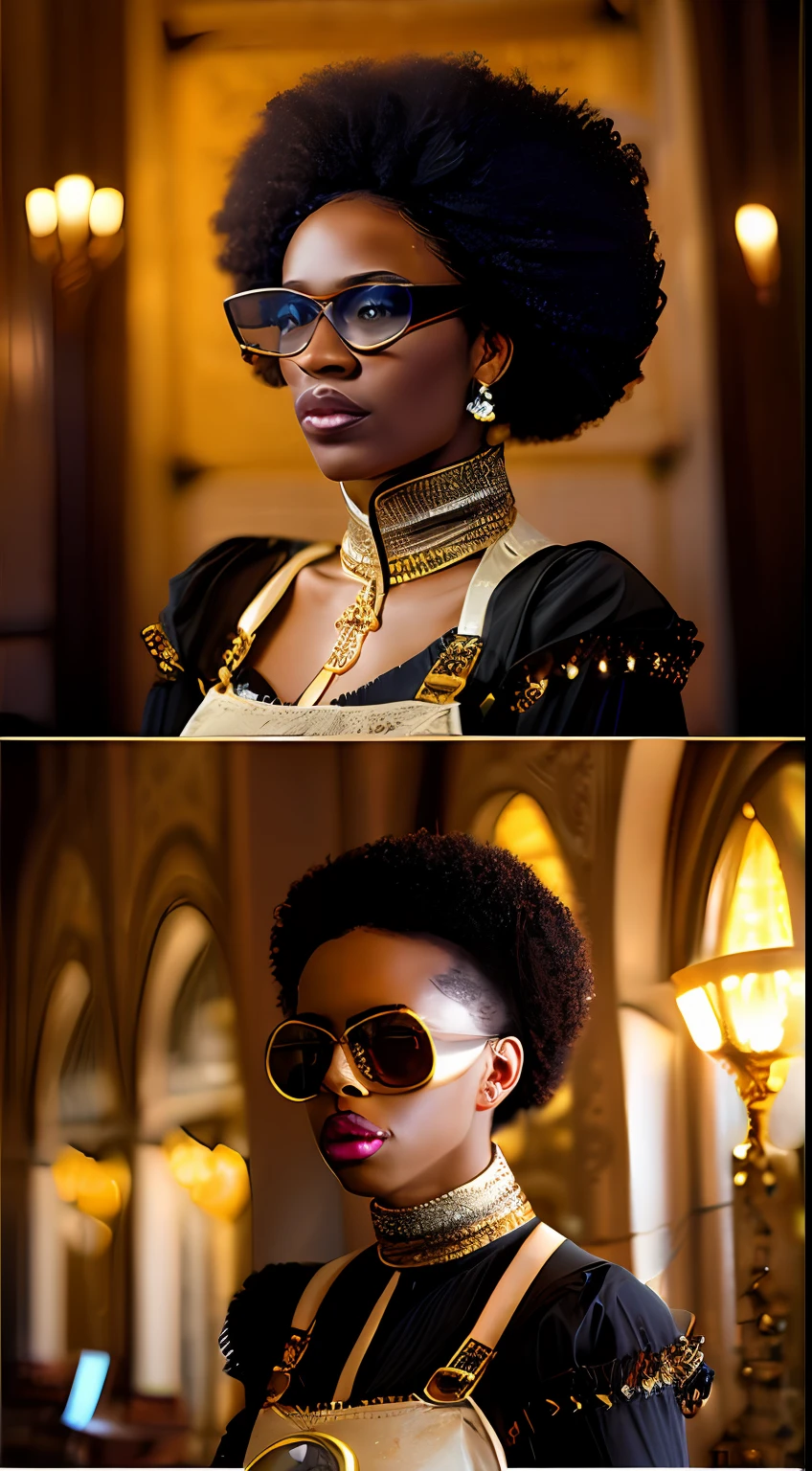 still do filme [Steampunk:Clockpunk:16], foco nos olhos, melhor qualidade, (mulher afro descendente albina da era vitoriana com pele escura), rosto perfeito, [[maquiagem ornamentada]], (wearing mechanical overalls with opulent gold embroidery), (( Steampunk glasses)), mechanicalparts, well-oiled machine, cota de malha, poses sedutoras, luxurious interior of the mansion [da era vitoriana|Steampunk], Mechanical city, (pele detalhada), [arrepio], [[detalhes imperfeitos da pele]], calafrios, profundidade de campo rasa, natural  lightting, (backlighting:0.7), (film granulation:1.1), fotografado em uma Canon AE-1, lente macro 100mm F/2.8, Fujifilm Fujicolor 800, semelhante a filme, absurdos, (altamente detalhado, detalhadamente detalhado), (meio corpo: 0,9)