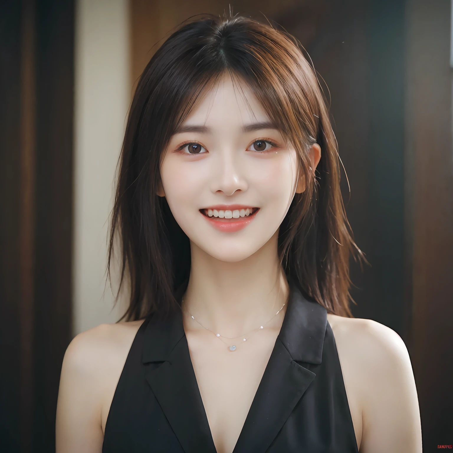 Dressed, (photographrealistic:1.4), (Hyper realistic:1.4), (Realistic:1.3), (Smoother lighting:1.05), (increase cinematic lighting quality:0.9), 32K, 1girl in,25-years old, Realistic lighting, Backlighting, Light on Face, raytrace, (Brightening light:1.2), (Increase quality:1.4), (Top quality real texture skins:1.4), finely detailed eyes, finerly detailed face, (tired and sleepy and joy:0), (Laugh:1.4), Black Suit,a necklace, (Increase body line mood:1.1), (Increase the beauty of skin texture:1.1)