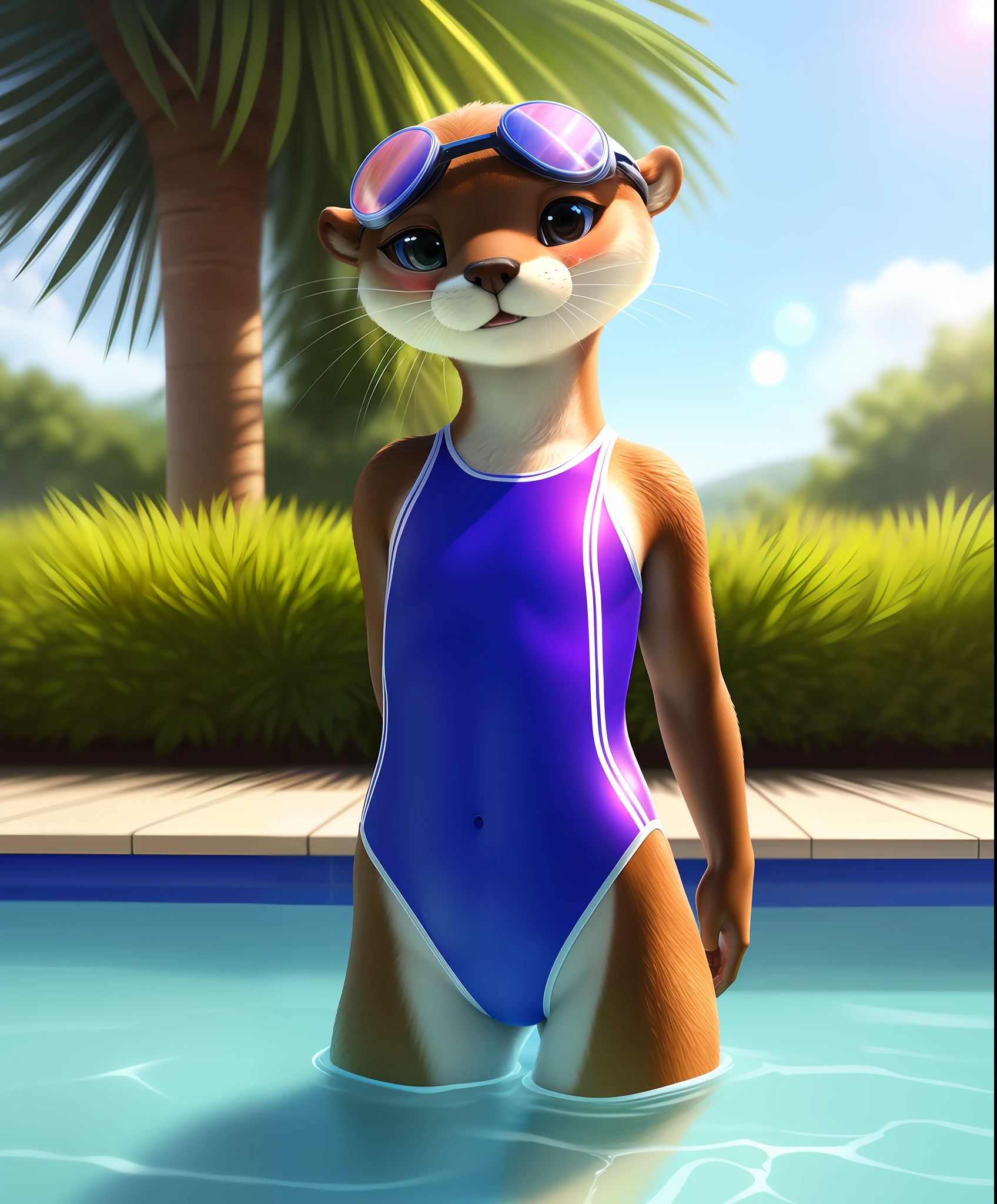 detailed background, furry female, (realistic otter), anthro, blush, full body, smiling, cute, shy, petite, slim, feminine, large eyes, happy, solo, (swimsuit:1.2), swimming pool, (swimming goggles), standing in water, wet body, wet fur,
(symmetrical), detailed fur, masterpiece, best quality, photorealistic, hyperrealistic, ultradetailed, detailed background, photo background, lewd, pleasure, cgi, photorealistic, high detail, realistic, masterpiece, absurdres, best quality, HDR, high quality, high-definition, extremely detailed, 8k wallpaper, intricate details, 8K uhd, Full-HD, (realistic photo:1.4), contrast, global illumination, ambient occlusion, depth of field, Field of View, lens flare, bloom, stunning environment