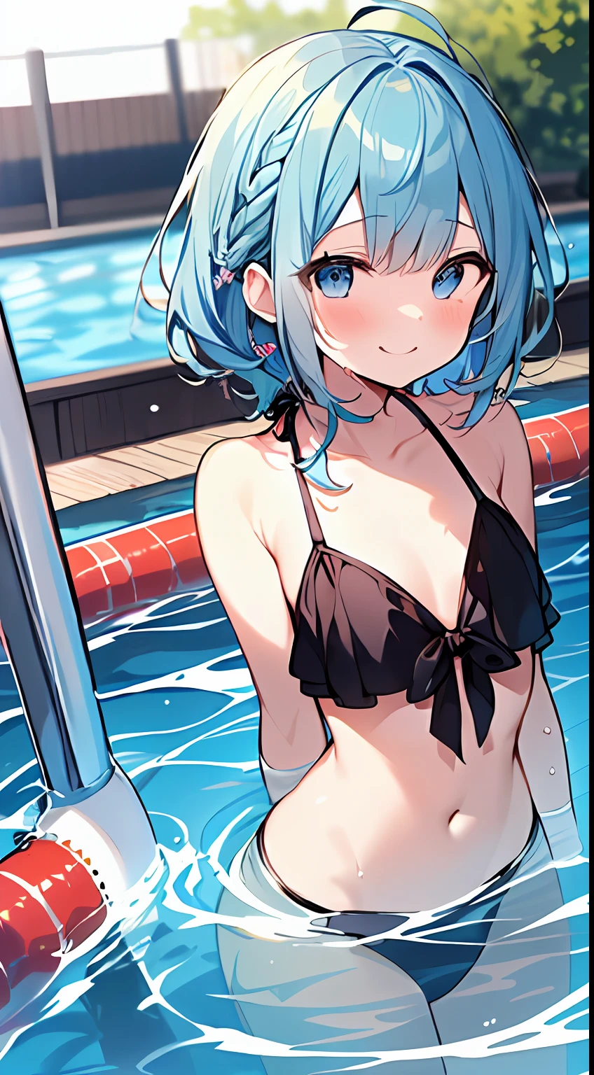 (Incredibly ridiculous absolute resolution:1.5)、hiquality、top-quality、masuter piece、Anime girl in light blue and white bikini, 魅惑的、Anime , 8k Manga Wallpapers, Smile、Shy laughter、((small curvy loli pretty anime girl,((swimming pools))、(Medium Shorthair)、(short braided hair)、blurry backround