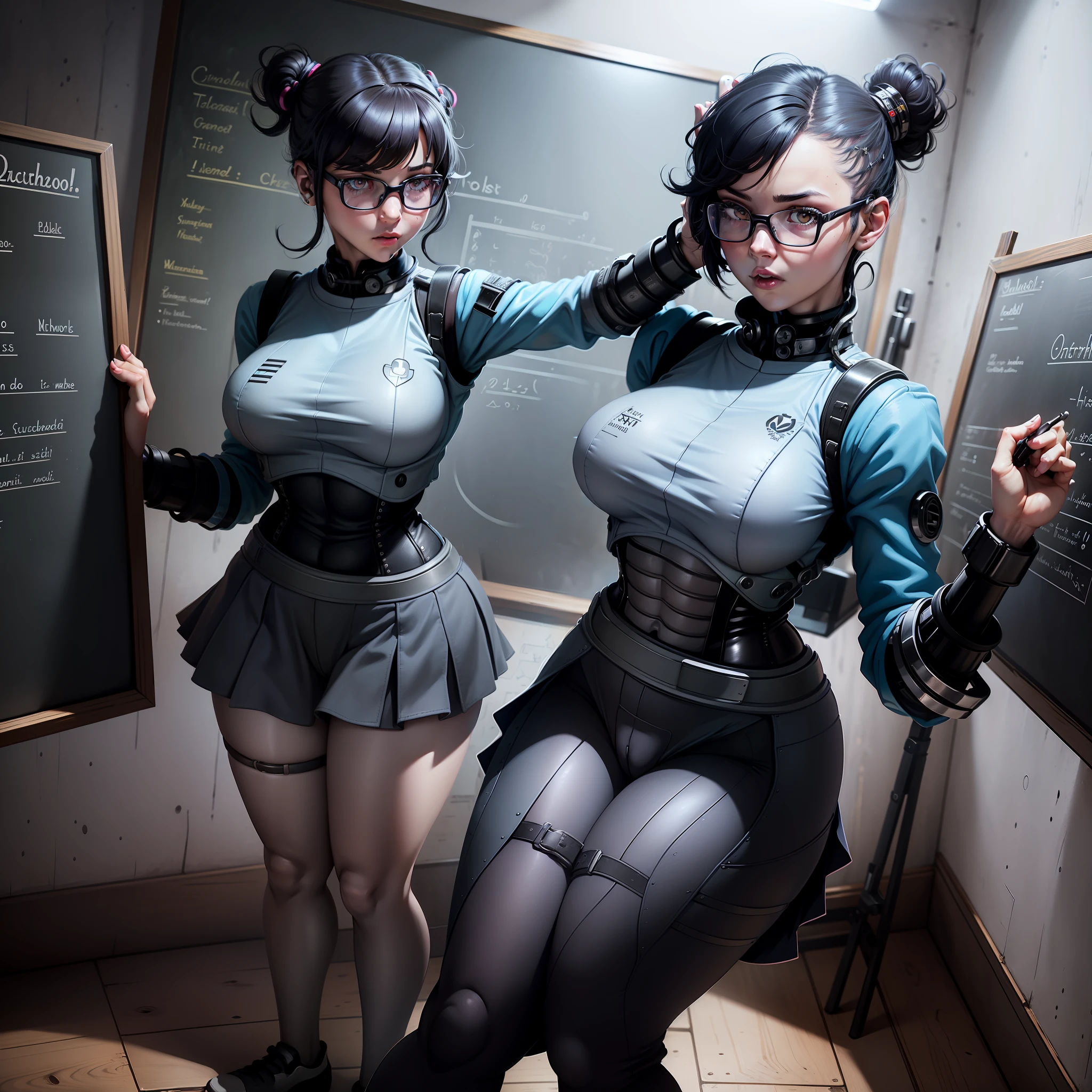 a cartoon picture of a woman in a school uniform is standing in front of a chalkboard, realistic schoolgirl, hyperrealistic schoolgirl, a hyperrealistic schoolgirl, school girl, tall female emo art student, giantess art, deviant art, comic pinup style, cyber school girl, of a schoolgirl posing, by Rob Alexander, by Art Fitzpatrick