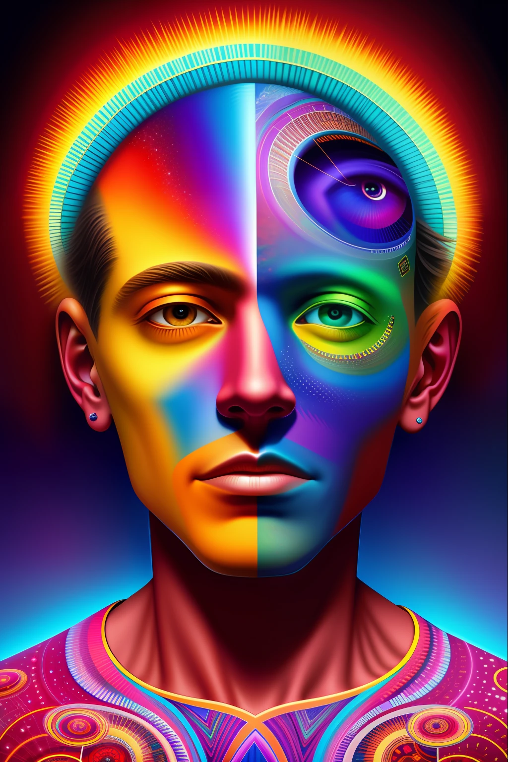 a painting of a giant head with a lot of stuff on it, psychedelic surreal art, estilo dan mumford e alex grey, psychedelic illustration, hyper detailed visionary art, Hyper Visionary Art - Detailed, psychedelic artwork, surreal + altamente detalhado, arte digital altamente detalhada 4k, arte psytrance, Directed by: Justino Geraldo, arte digital detalhada 4K, Arte Trippy, design surreal