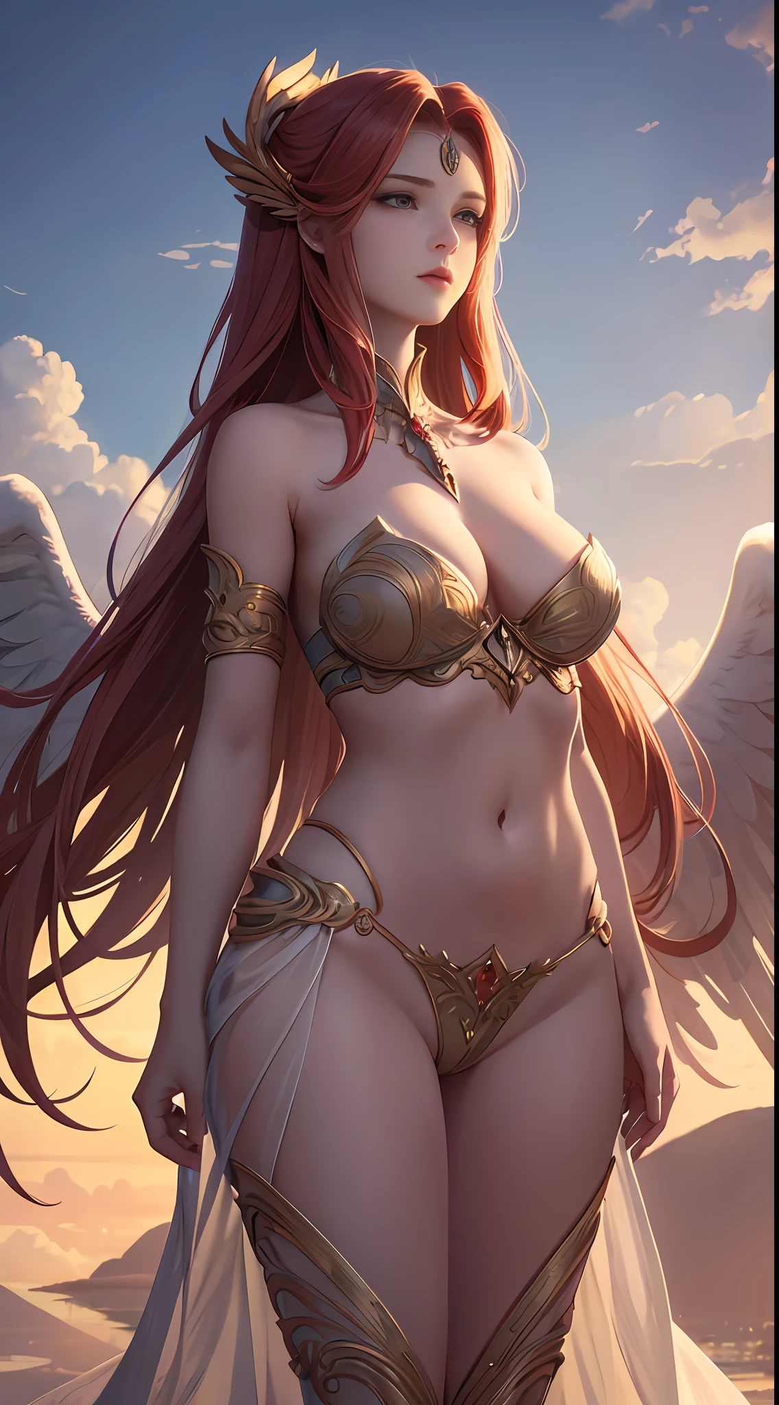 (Masterpiece)，Fine details，Smooth and natural， (1girll)，hair red，Extra-large breasts:Angel wings:goddes:Super beautiful :Hair is adducted in both palms，Beautiful and dignified，Majestic，The background is rich in detail，(Cloud+Wide shot)，dense fog，The sky is ethereal，Superb Painting，Ink feeling，Over 30 years old