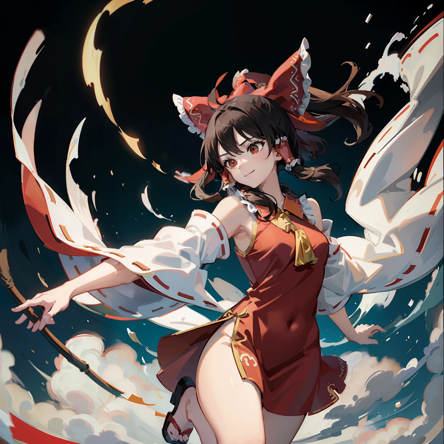 Anime art of Bo Li Reimu wearing traditional Chinese costume, 1girl in, Solo, breasts, Hair Bow, Detached sleeves, Bow, chinese clothes, Dress, qipao dress, hair tubes, cleavage, Red bow, Brown hair, Brown eyes, alternate costume, Smile, Clothes Cutout