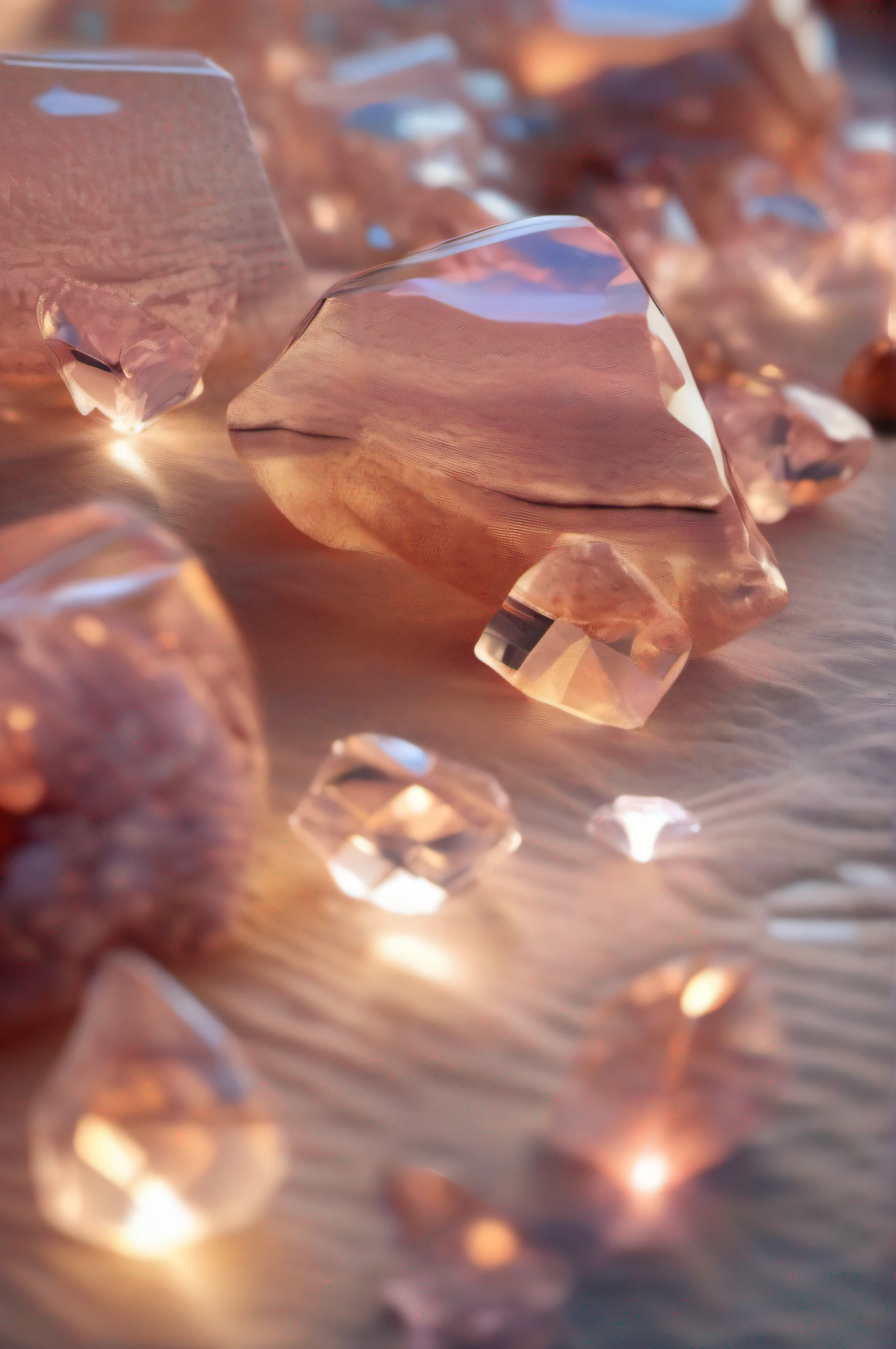 (8k wallpaper, .primitive, Photorealistic:1.25) ,( glossy side,, Best quality, Ultra-high resolution, Depth of field, color difference, Caustics, Special light) ,Iridescent color style,(dreamy and romantic compositions:1.5)，Bright style，Crystal clear stone，sandbeach，with light glowing，rays of sunshine,